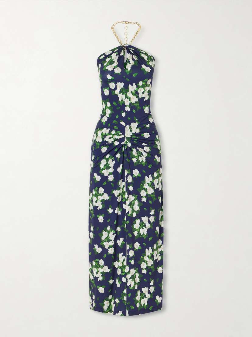 Carolina Herrera Floral-print Embellished Satin Halterneck Midi Dress
