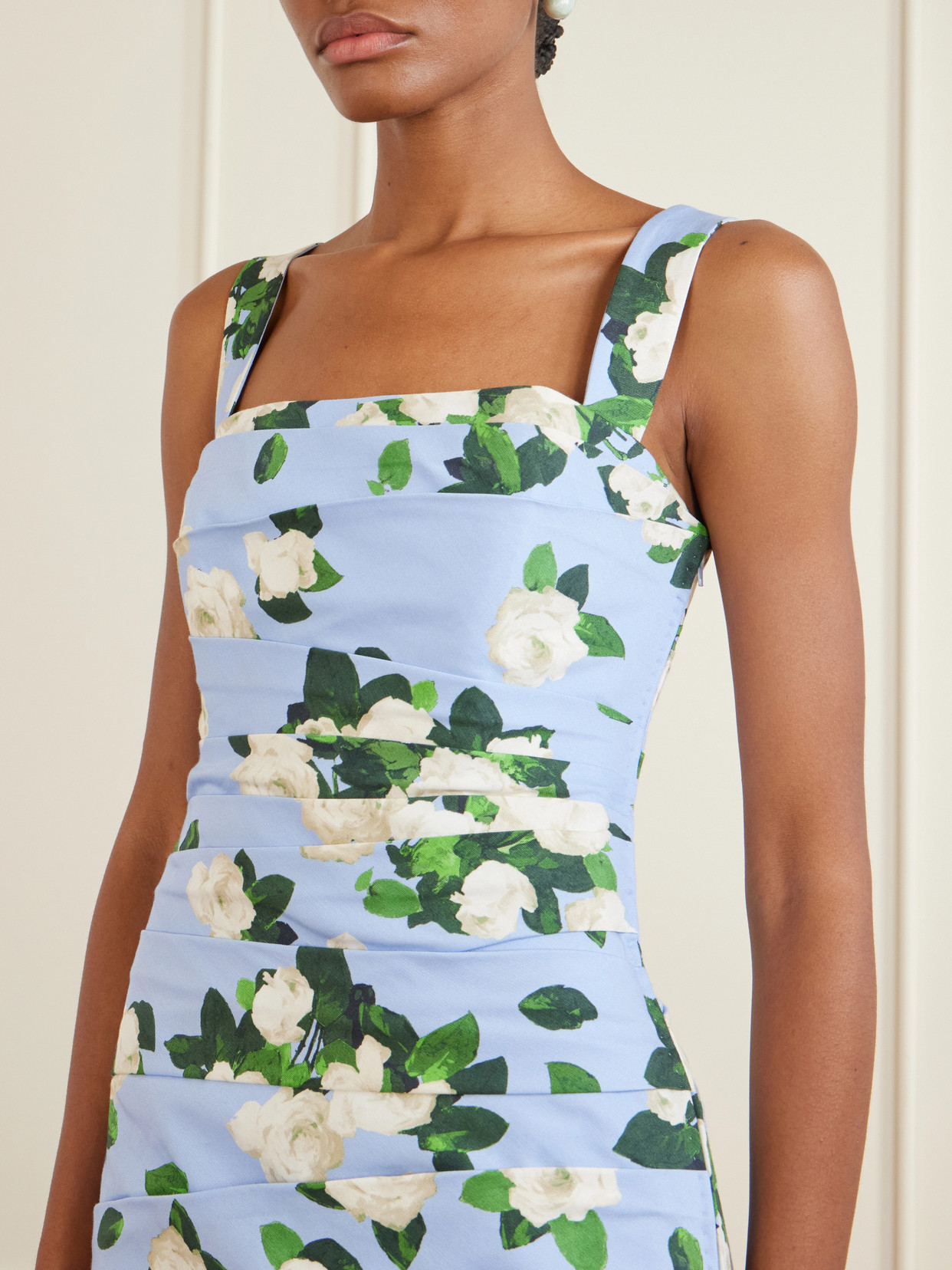 Floral-Print Draped Cotton-Blend Faille Midi Dress