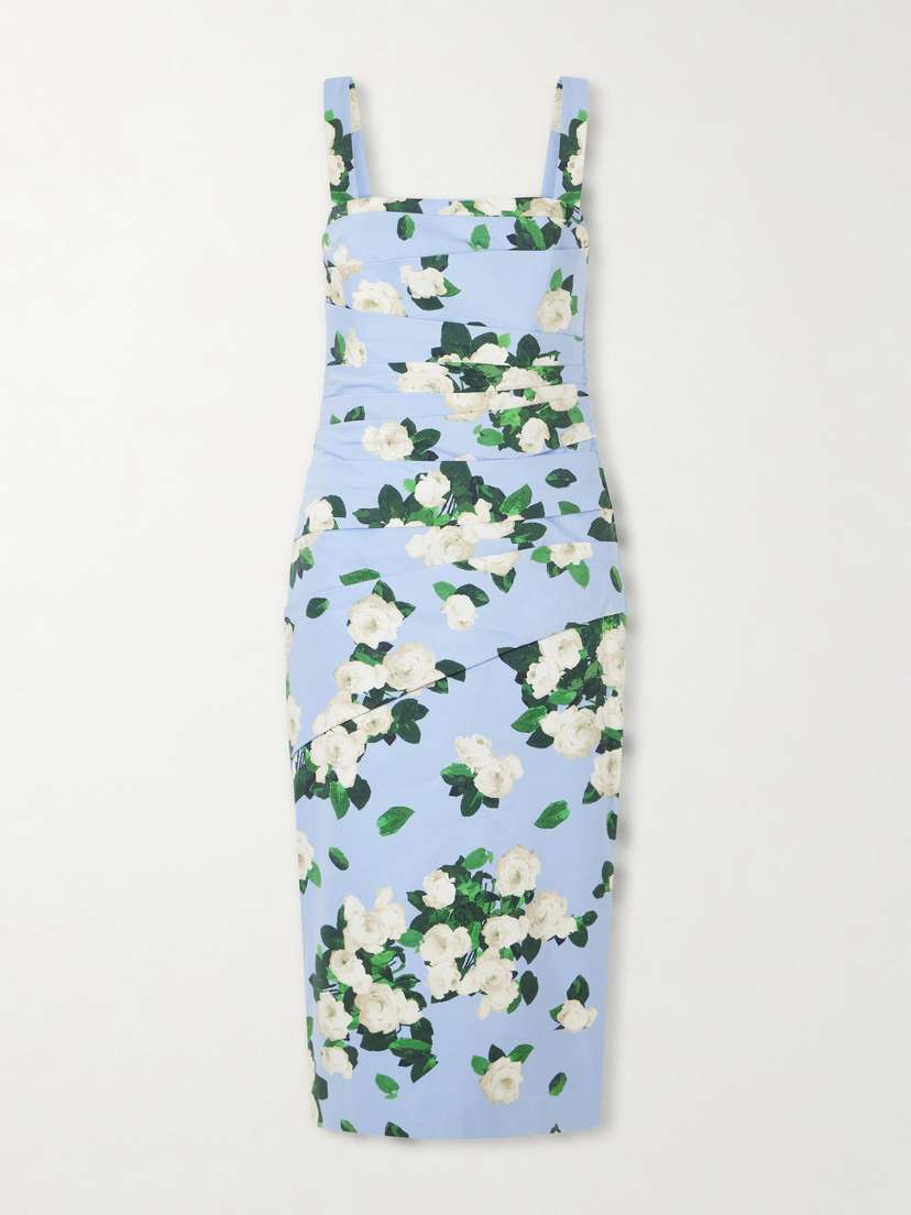 Carolina Herrera Floral-print Draped Cotton-blend Faille Midi Dress