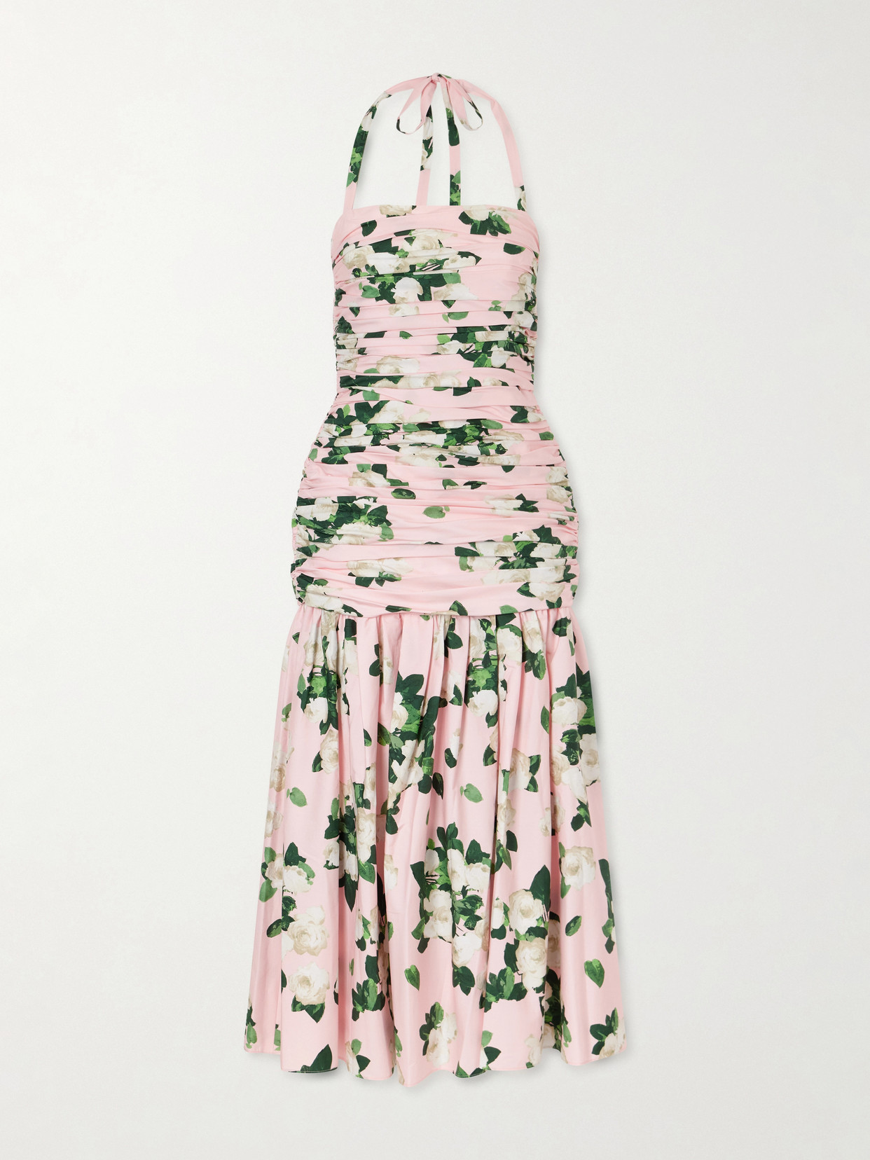 Carolina Herrera Floral-print Ruched Cotton-blend Maxi Dress In Pink