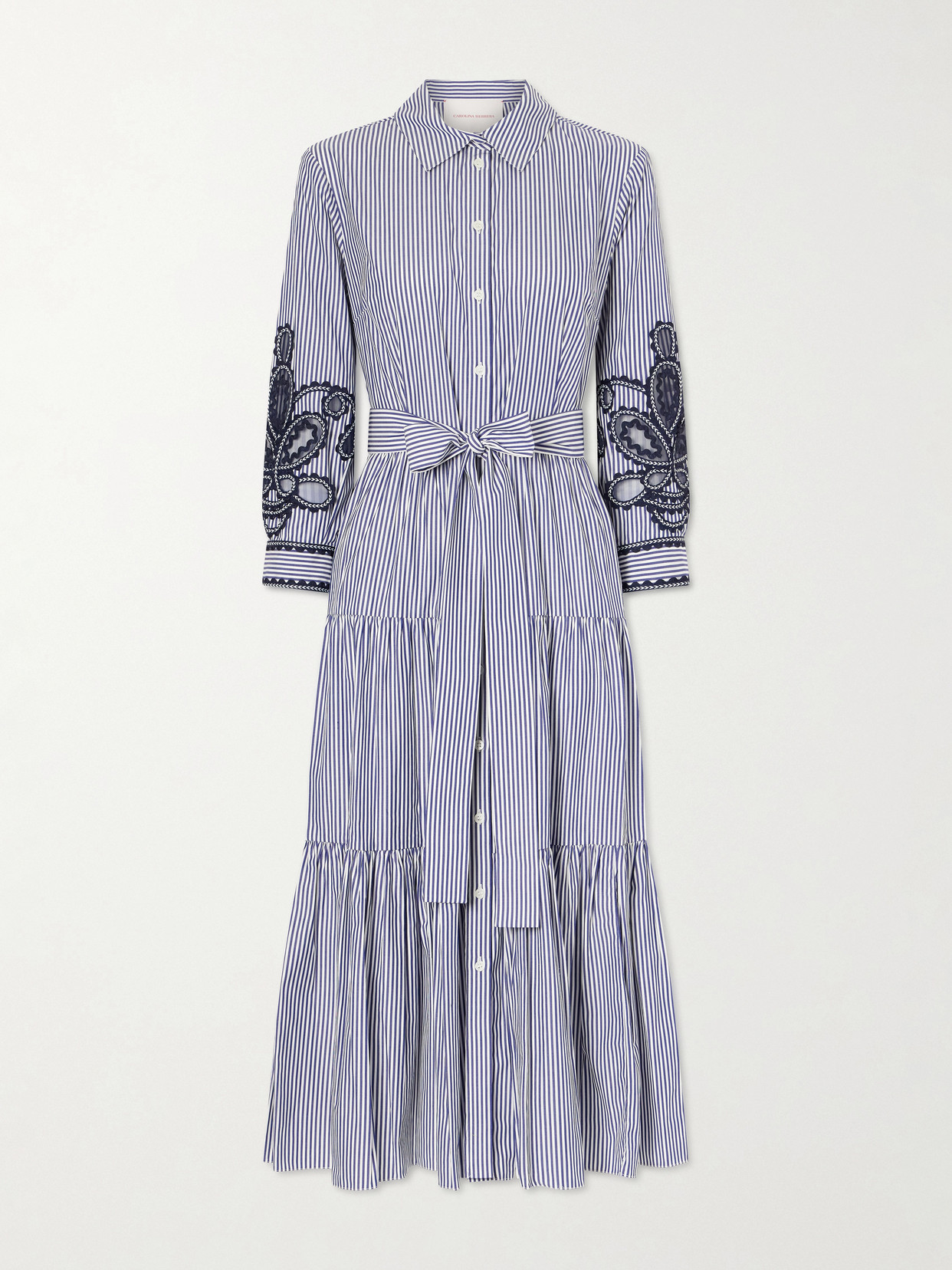 Carolina Herrera Belted Tiered Embroidered Striped Cotton-poplin Midi Dress In Blue