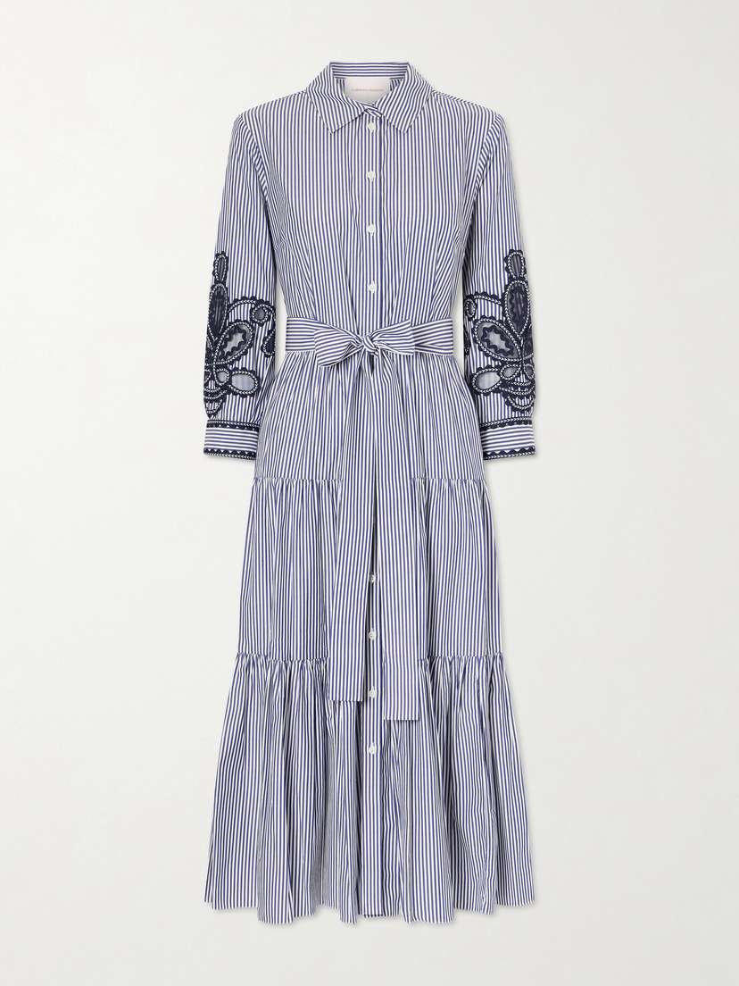 Carolina Herrera Belted Tiered Embroidered Striped Cotton-poplin Midi Dress
