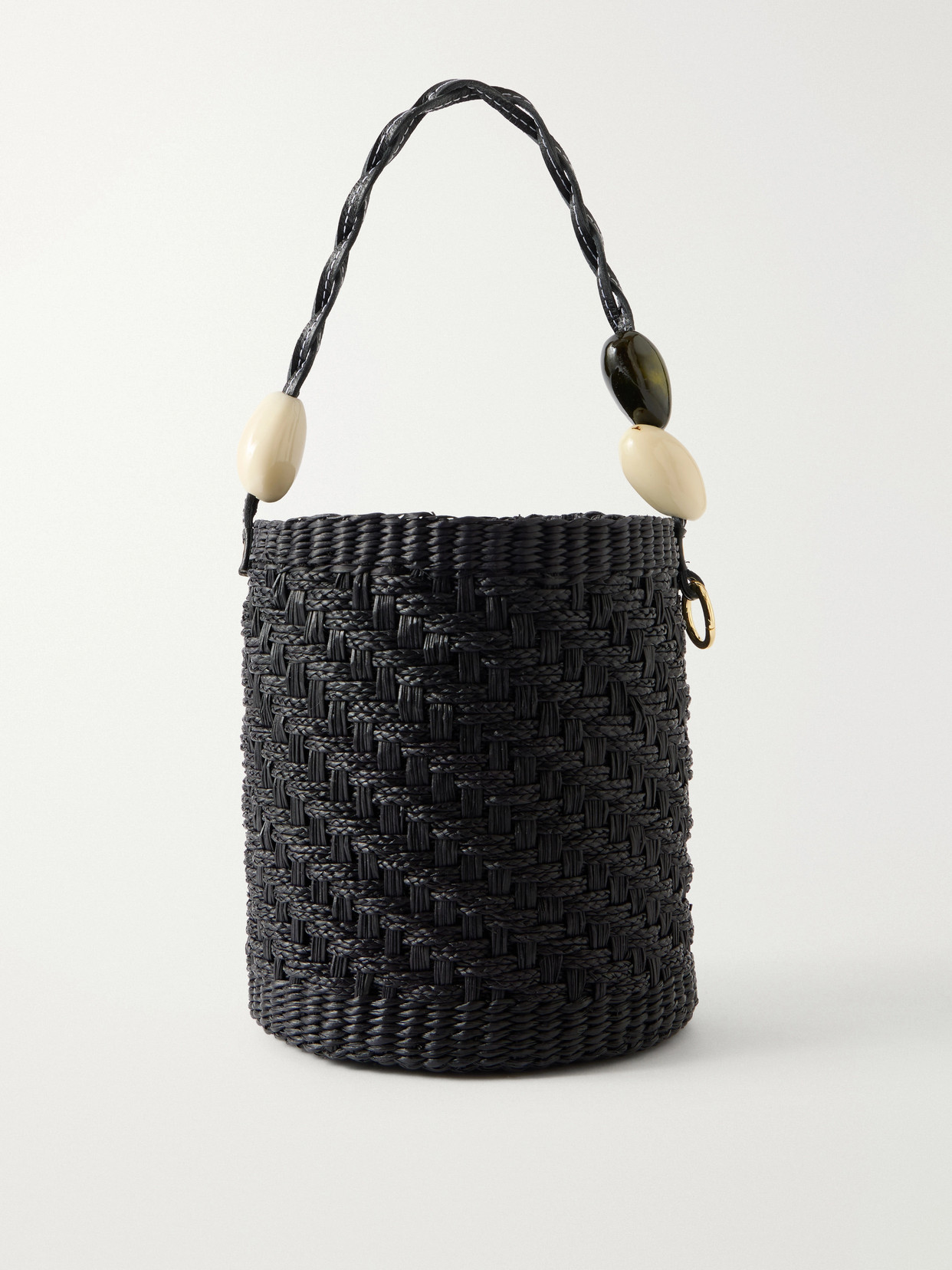 Sensi Studio Embellished Leather-trimmed Straw Bucket Bag In Black