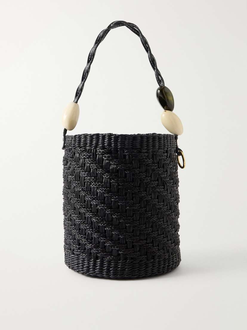 SENSI STUDIO Embellished Leather-trimmed Straw Bucket Bag
