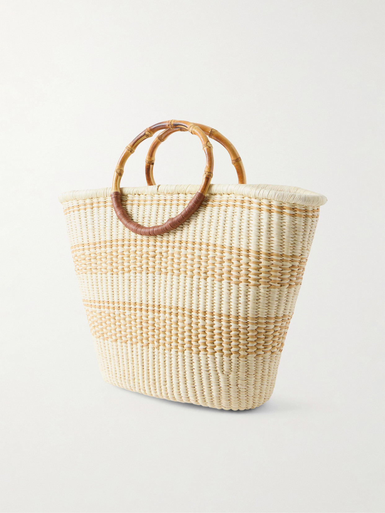 Leather-Trimmed Straw Tote