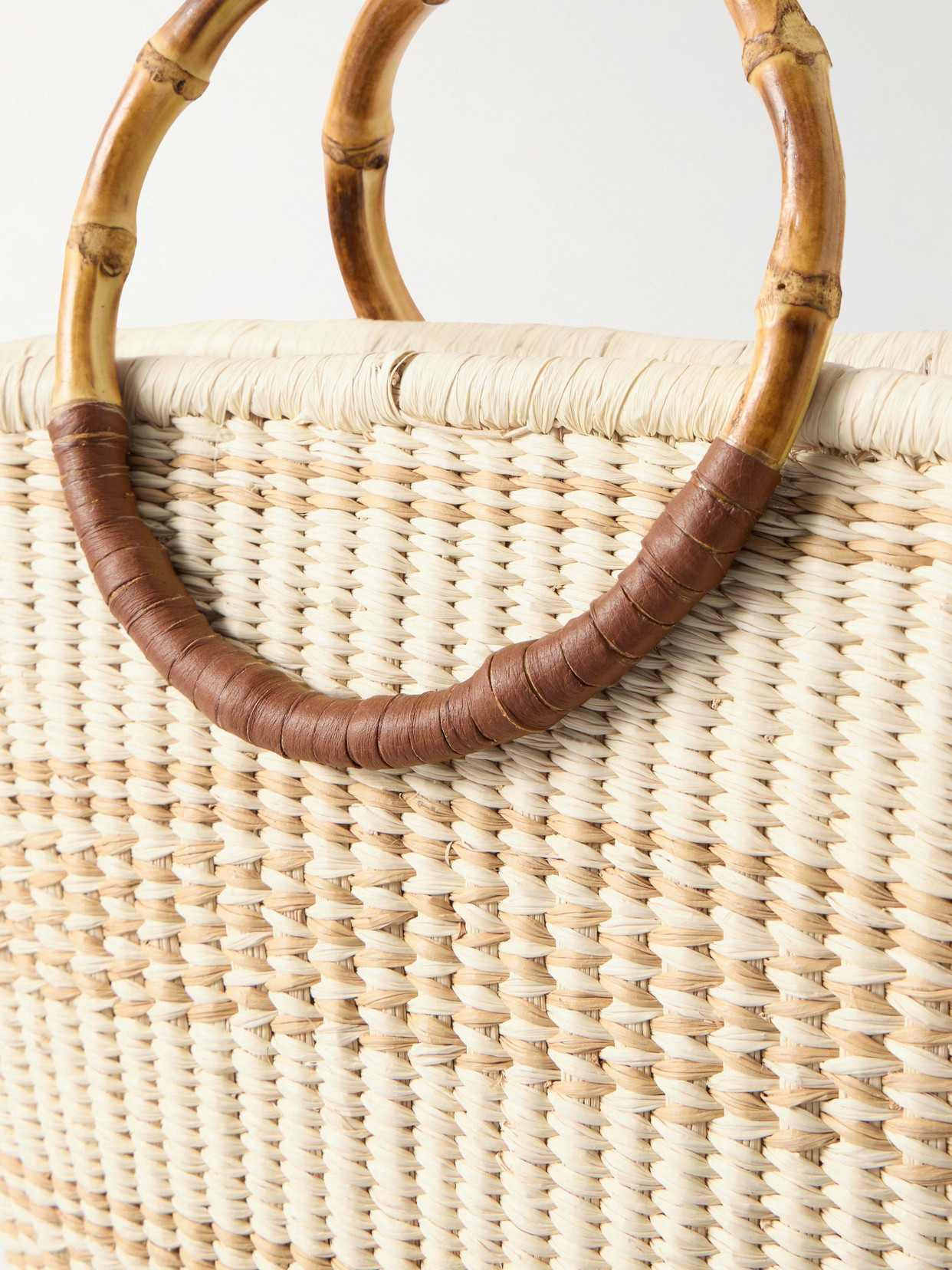 Leather-Trimmed Straw Tote