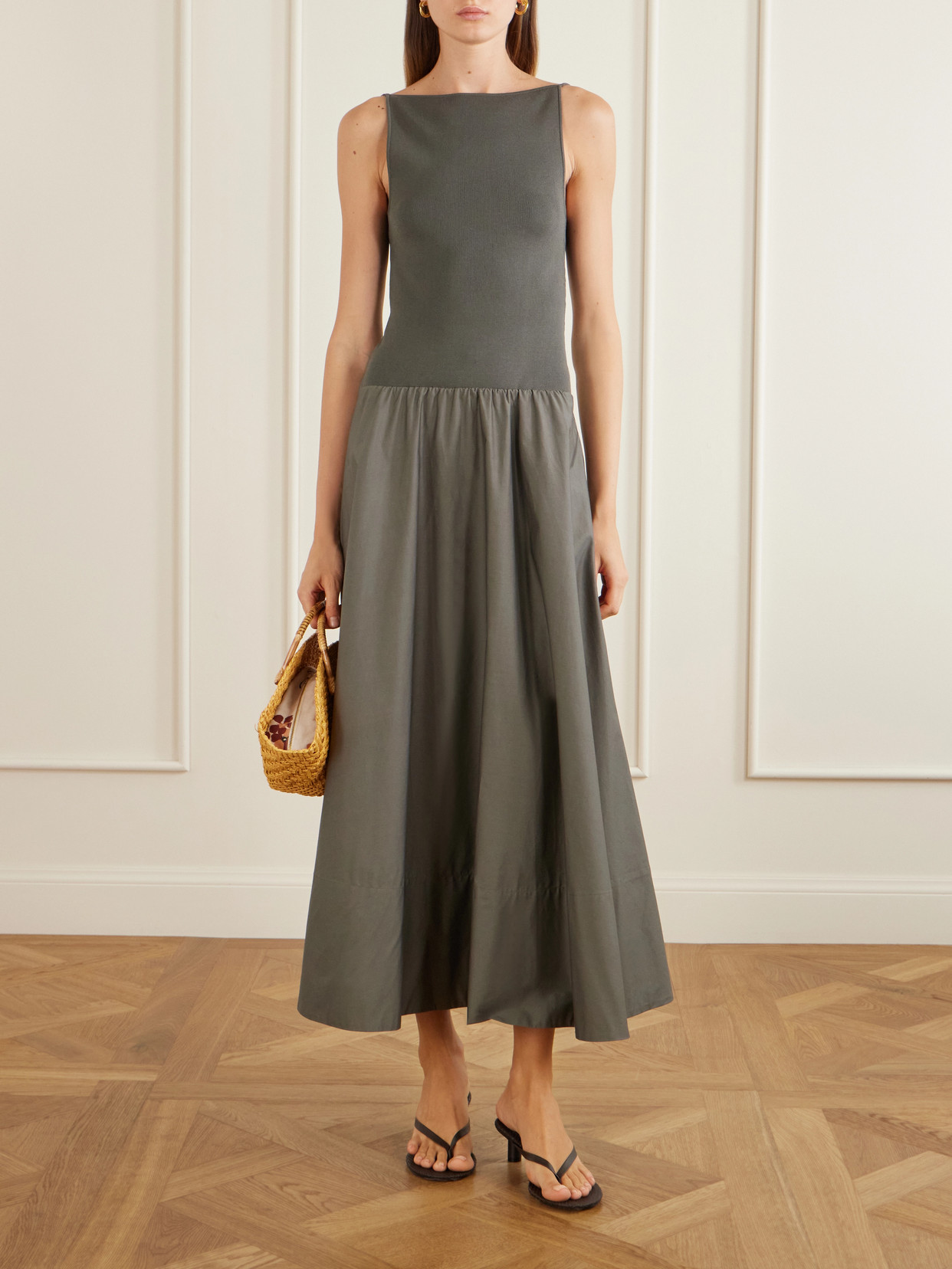 Leather-Trimmed Straw Tote