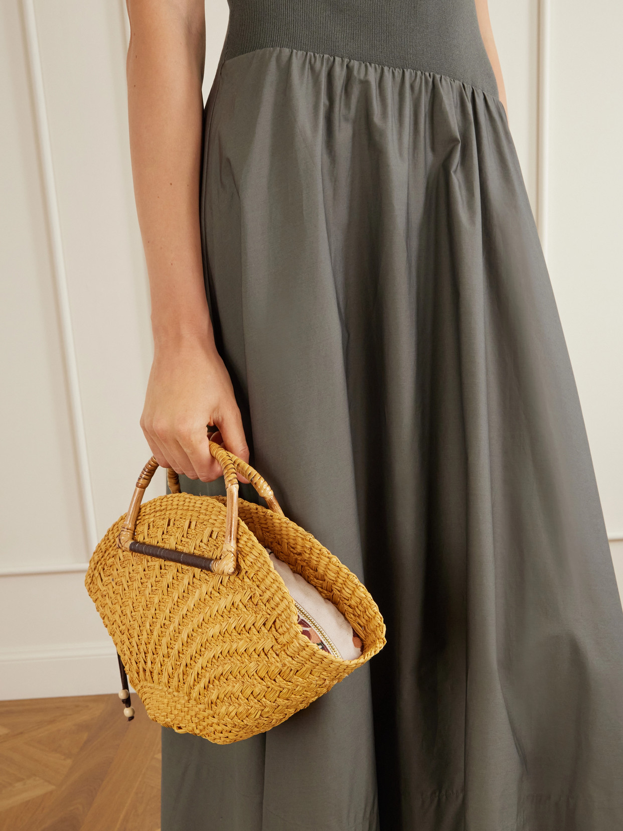 Leather-Trimmed Straw Tote