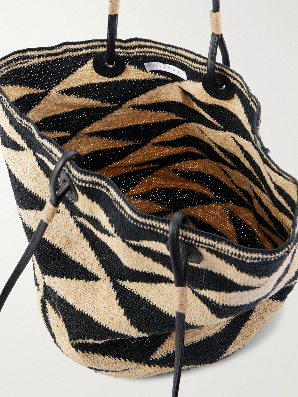 Shiga Medium Leather-Trimmed Sisal Shoulder Bag