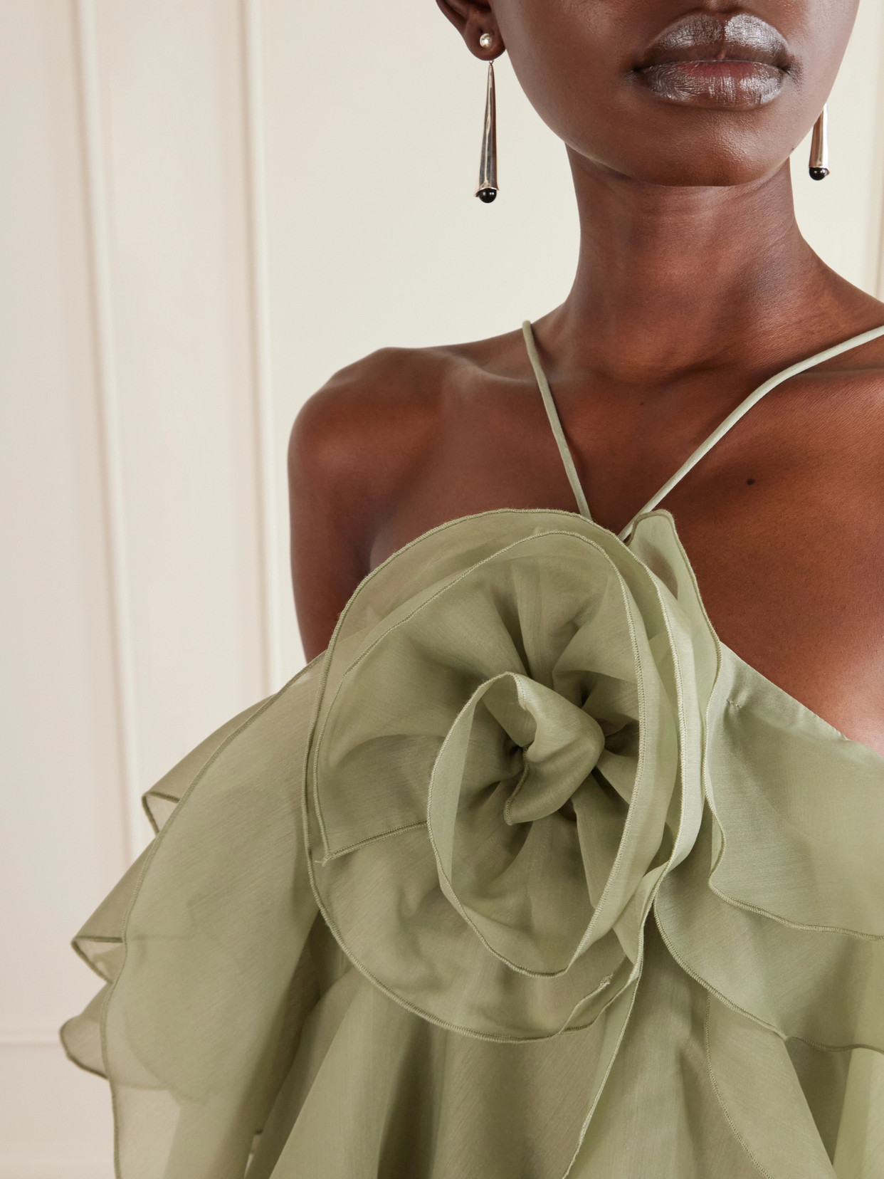 Pandorea Appliquéd Ruffled Layered Chiffon Mini Dress