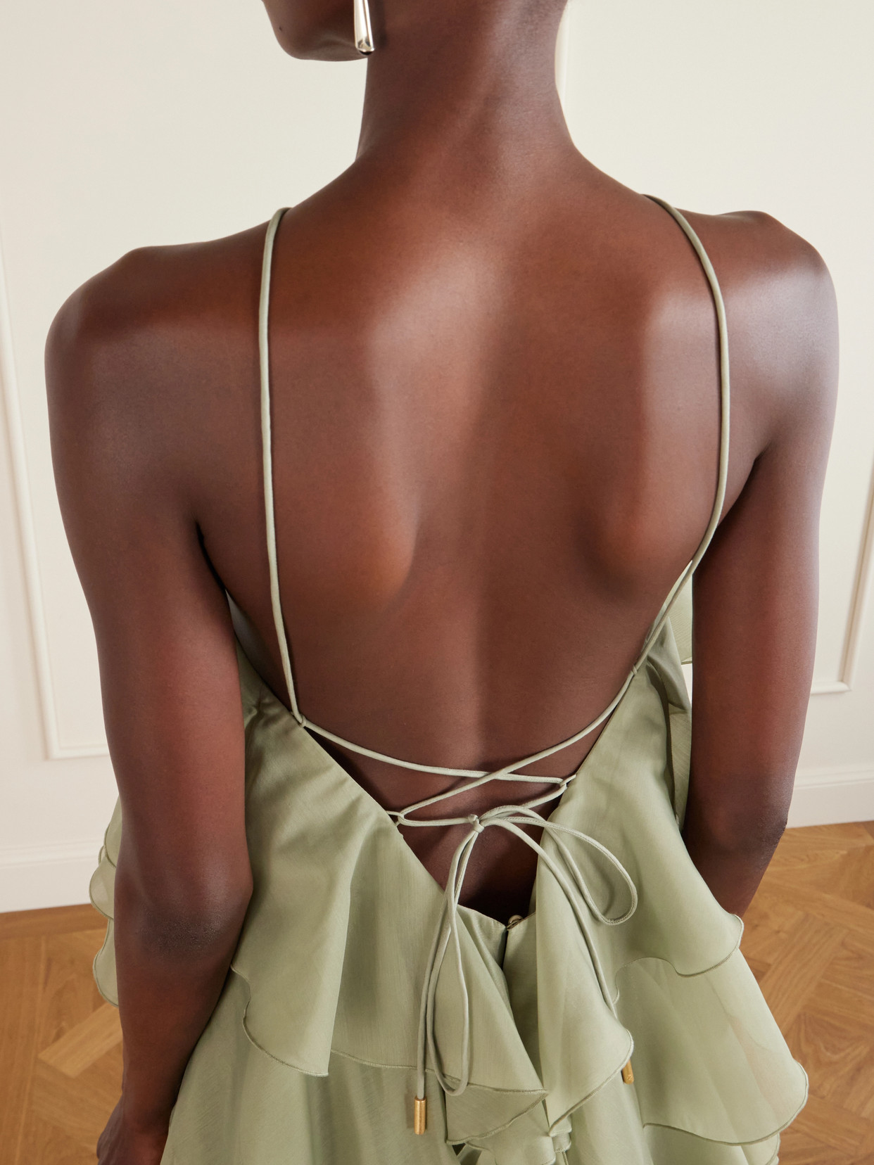 Pandorea Appliquéd Ruffled Layered Chiffon Mini Dress