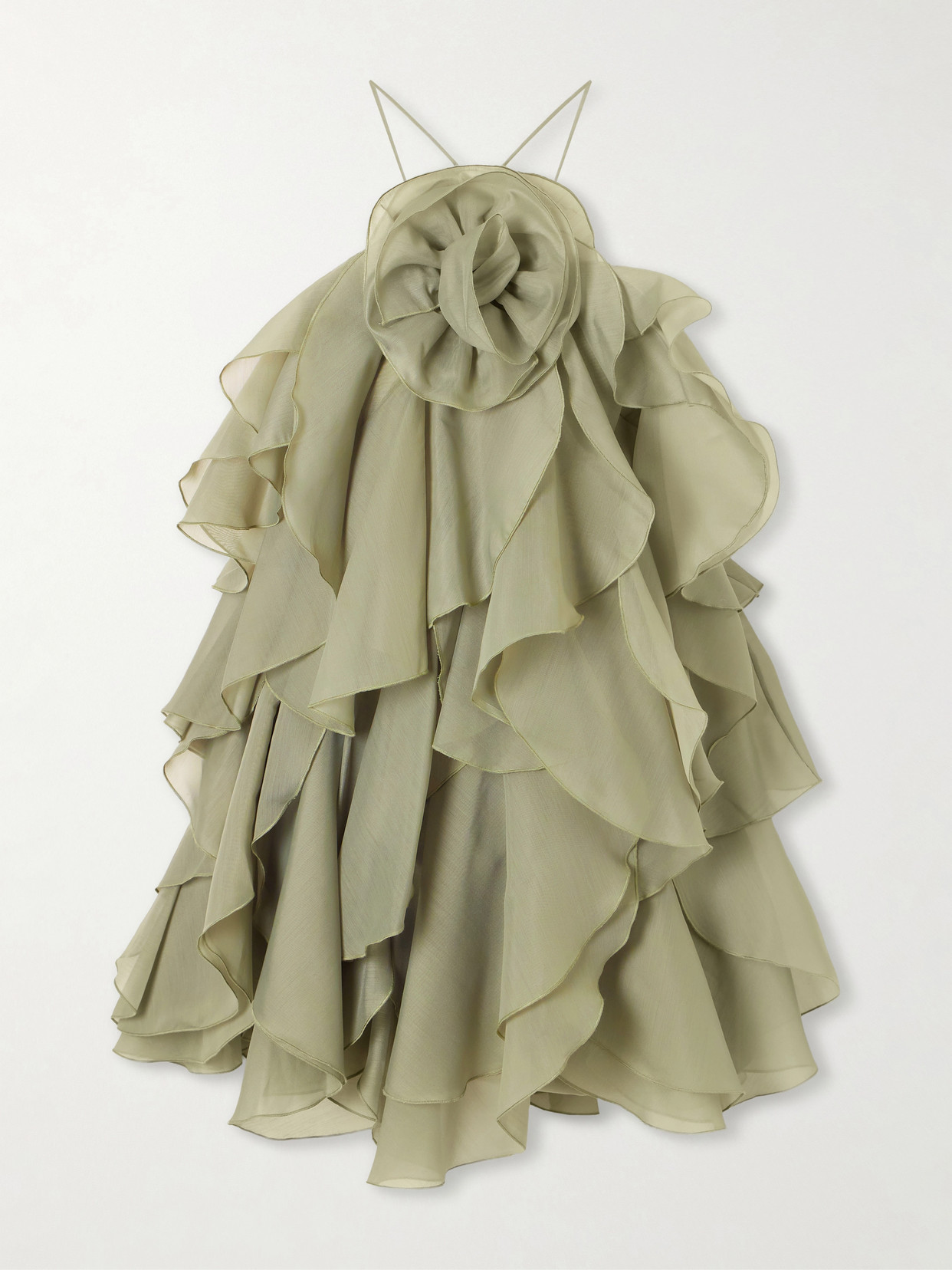 Aje Pandorea Appliquéd Ruffled Layered Chiffon Mini Dress In Green