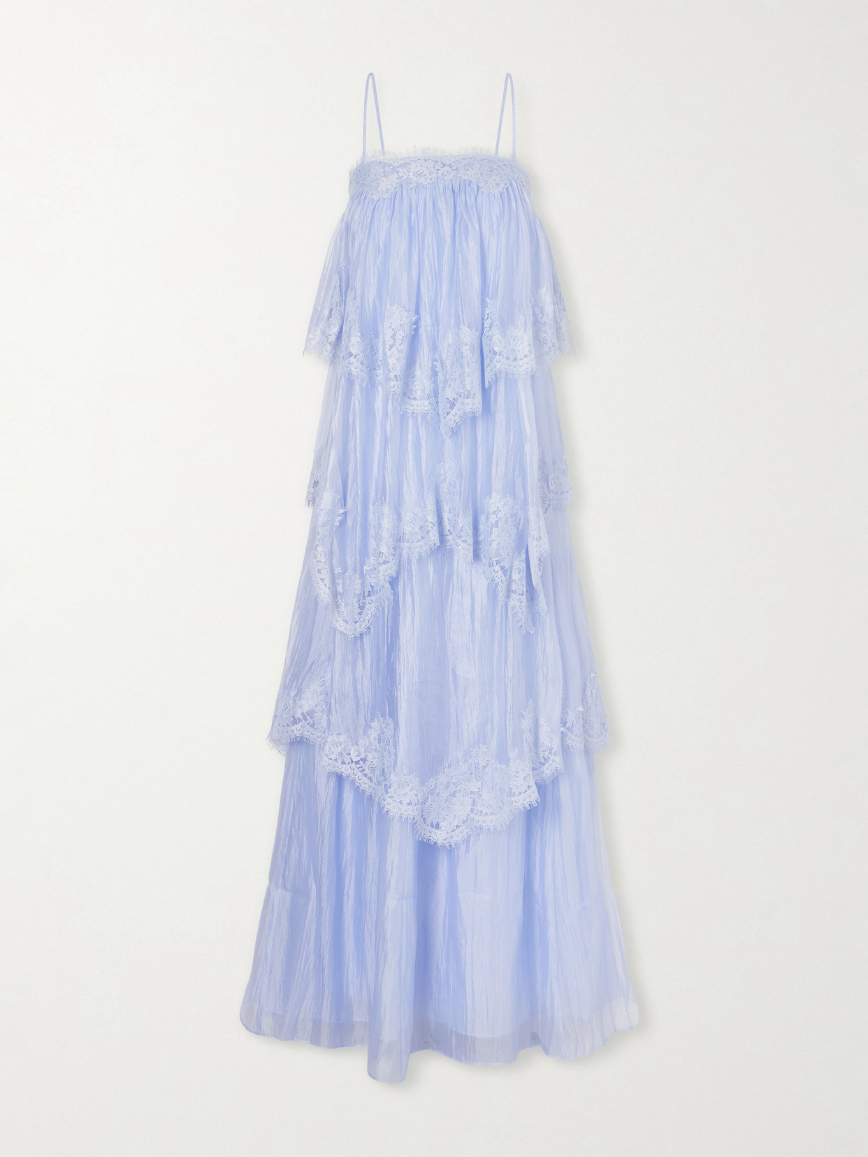 Aje Ophelia Lace-trimmed Ruffled Chiffon Gown In Blue