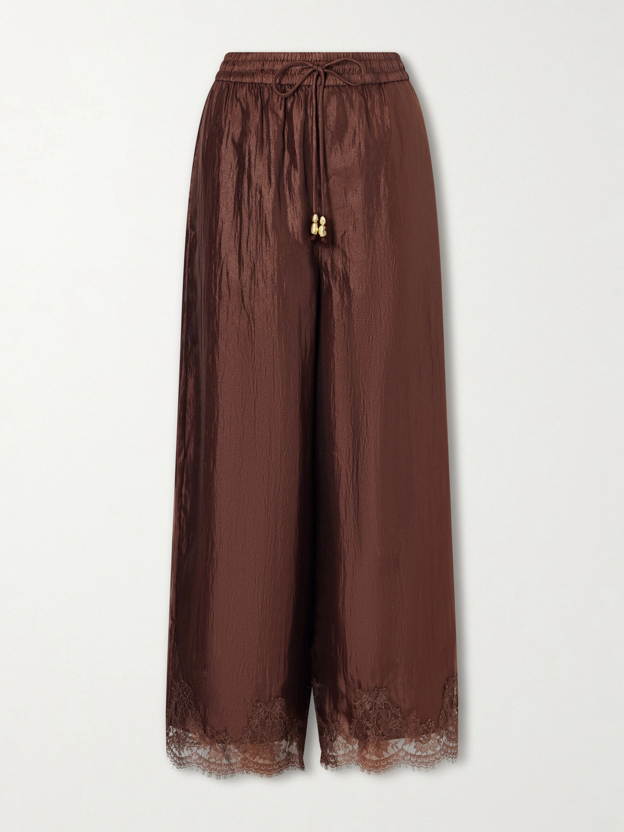 Aje Lace Trimmed Crinkled Satin Wide-leg Pants In Brown