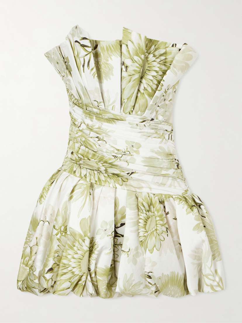 Aje Strapless Ruched Floral-print Cotton-poplin Mini Dress