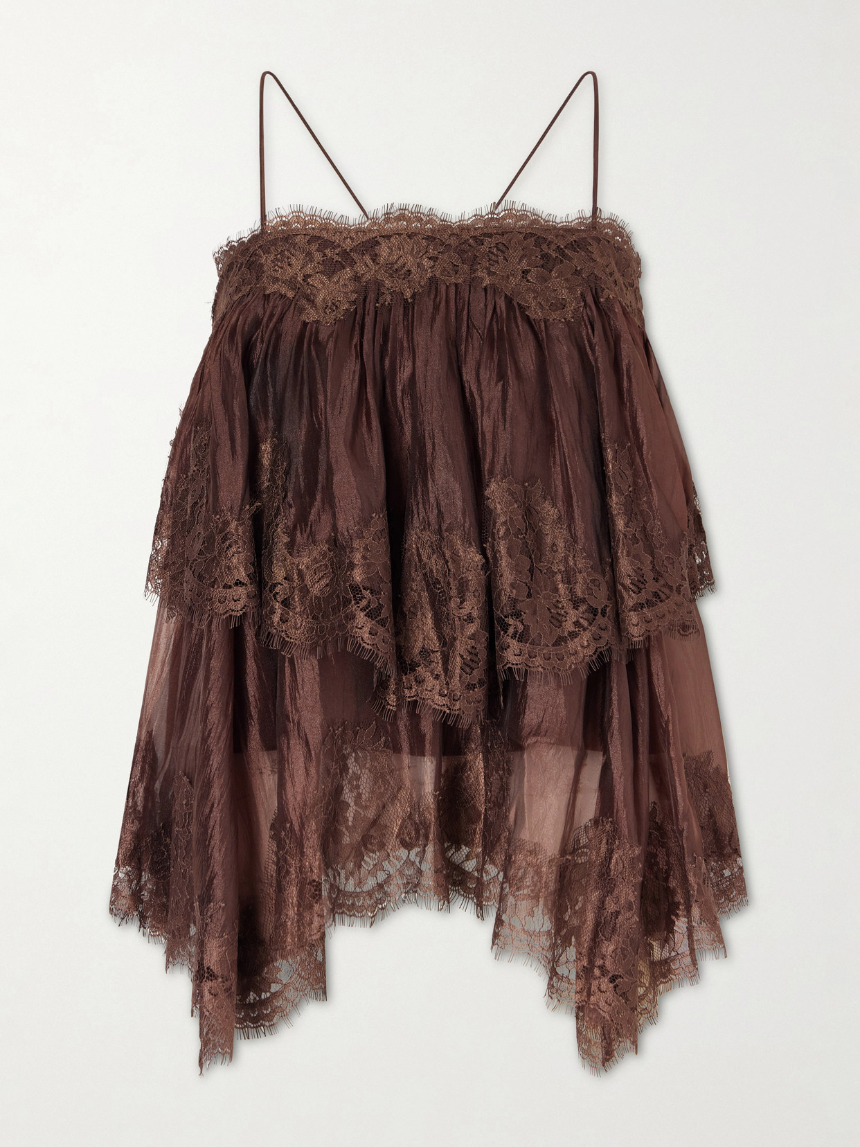 Aje Ophelia Lace-trimmed Crinkled-satin Camisole In Brown
