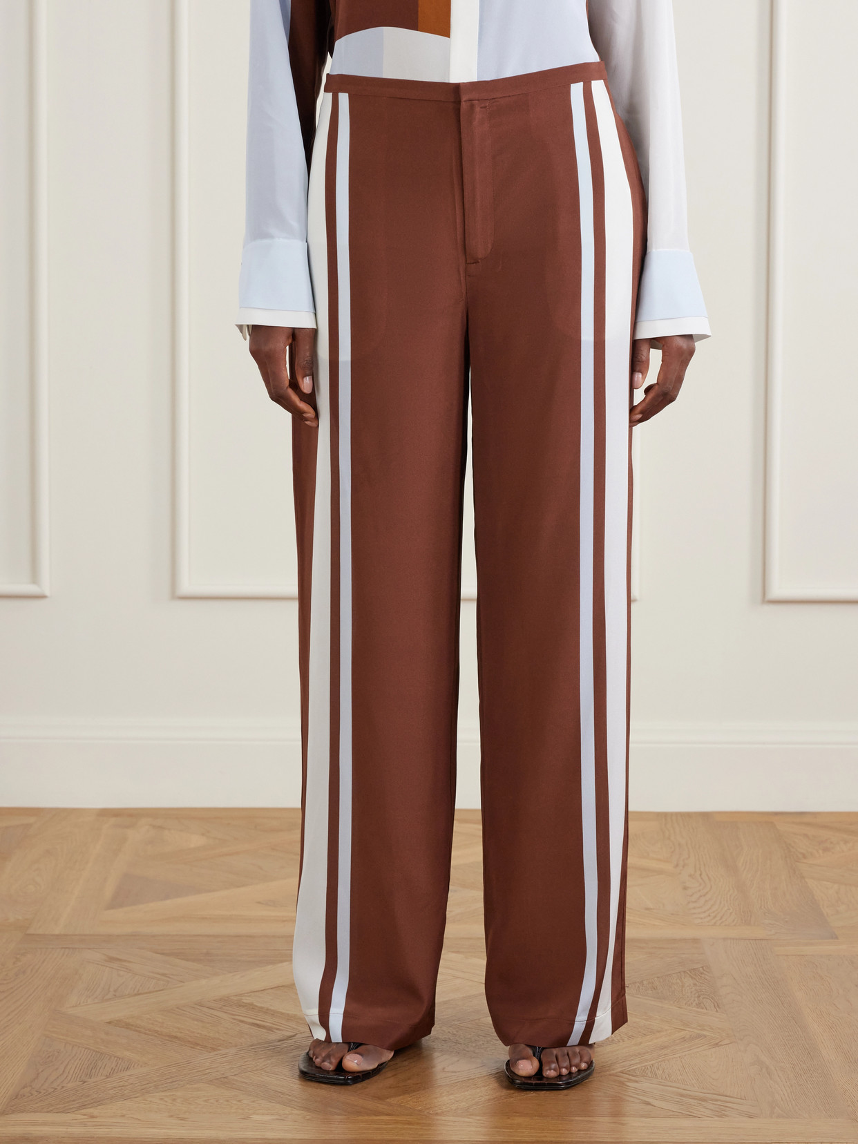 Sir Marais Striped Silk Straight-leg Pants In Brown