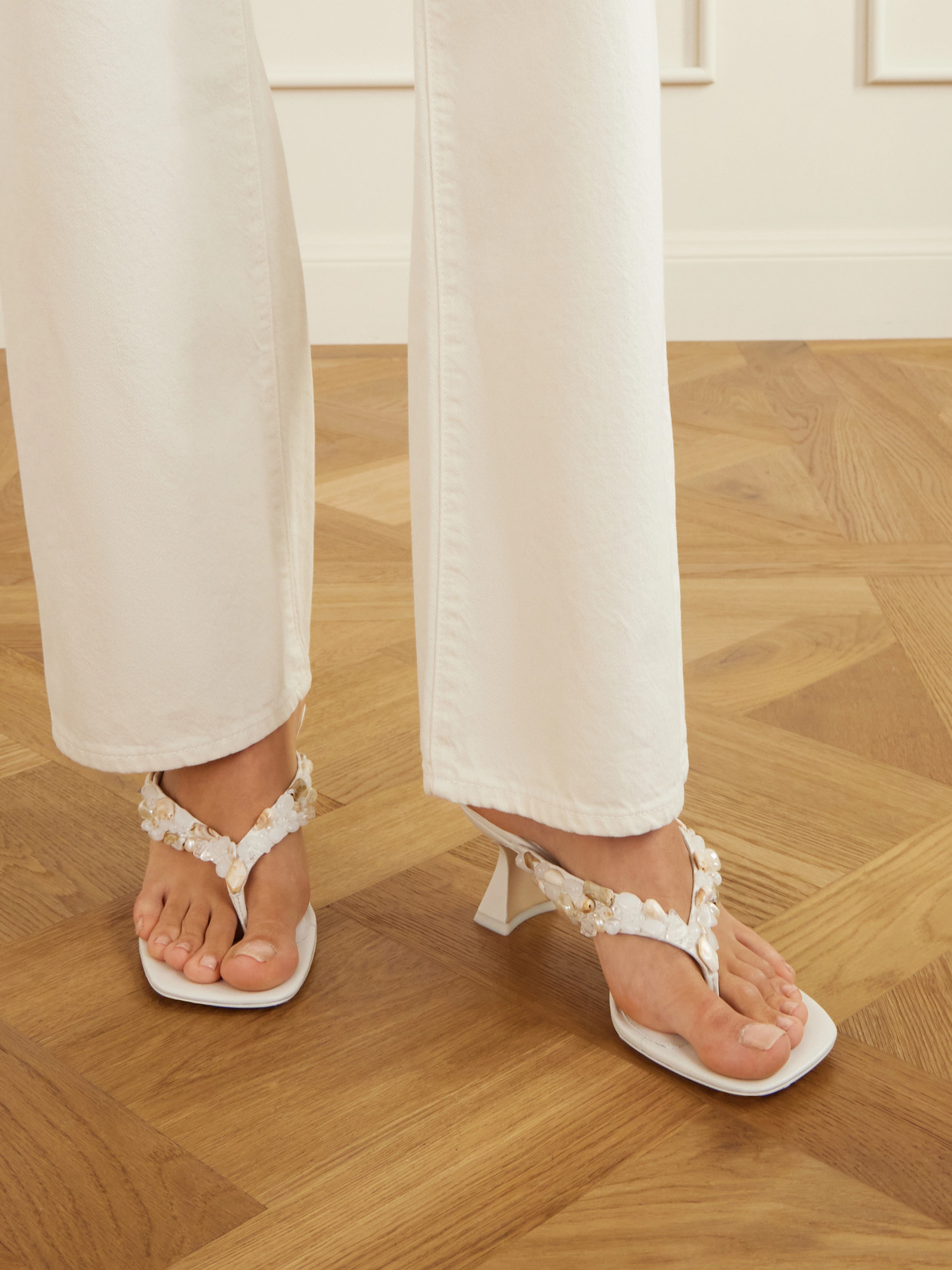 Abi Bead-Embellished Leather Thong Sandals