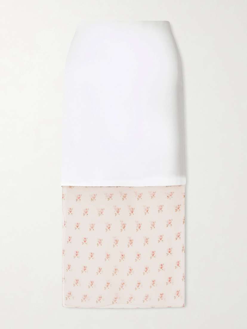 Khaite Sybil Layered Frayed Satin-crepe And Floral-print Organza Midi Skirt