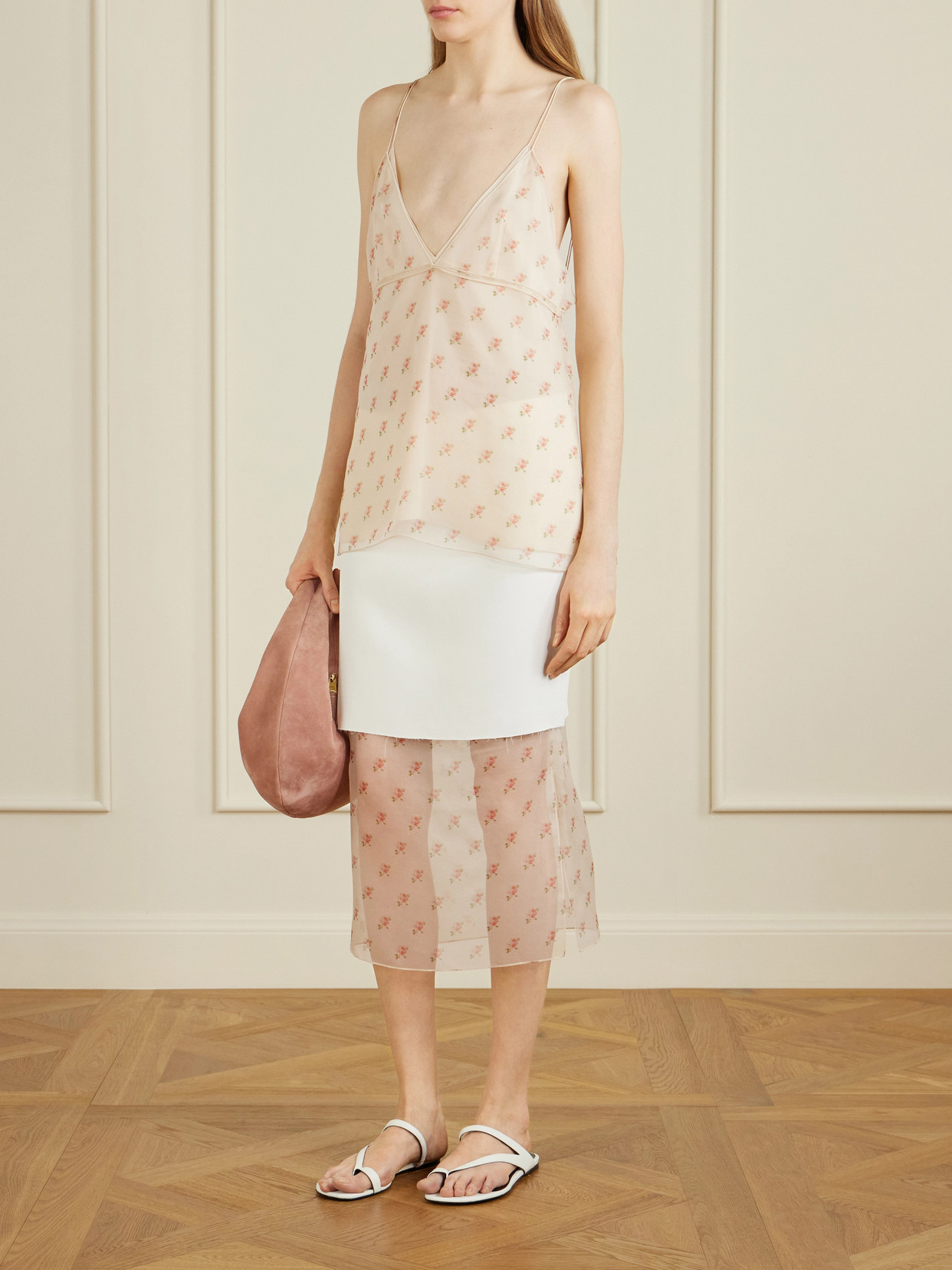 Sybil Layered Frayed Satin-Crepe And Floral-Print Organza Midi