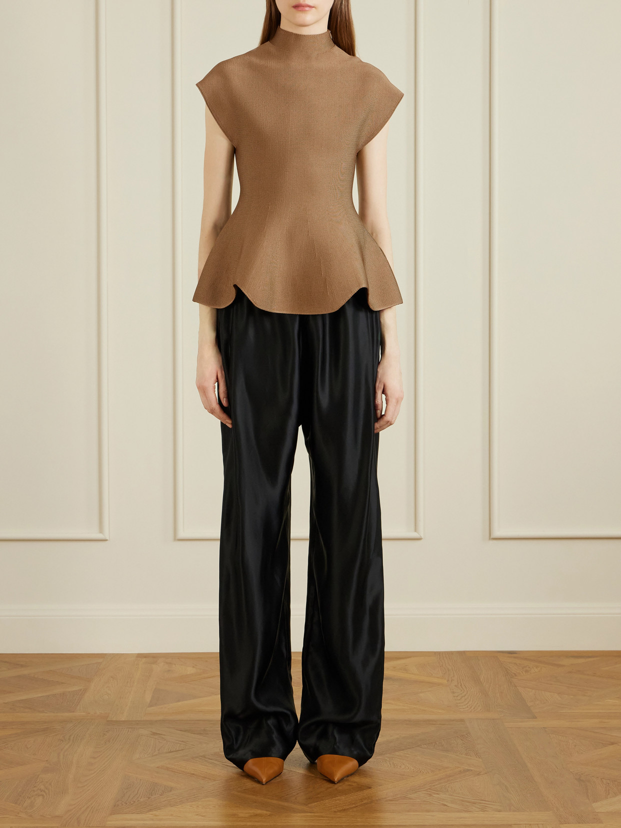 Khaite Andra Stretch-knit Turtleneck Peplum Top In Brown