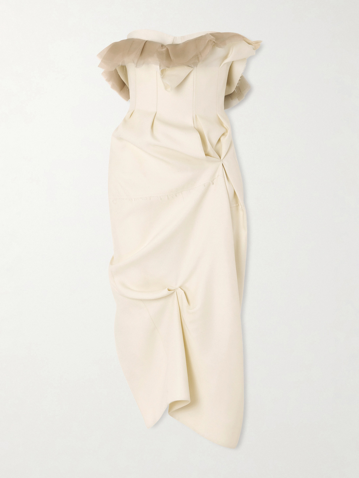 Khaite Salm Frayed Ruffled Wool And Silk-blend Cady Midi Dress In Neutral