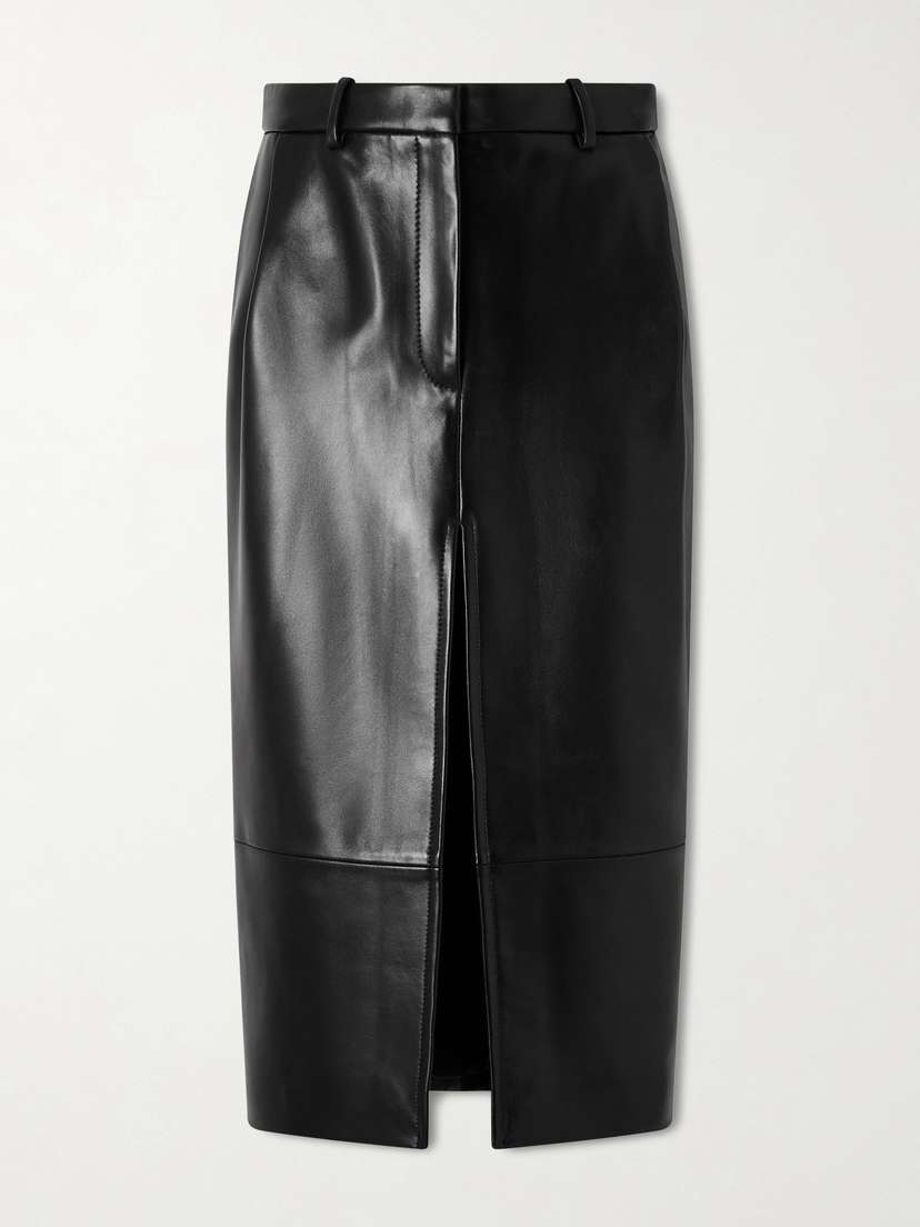 Khaite Anden Paneled Leather Midi Skirt
