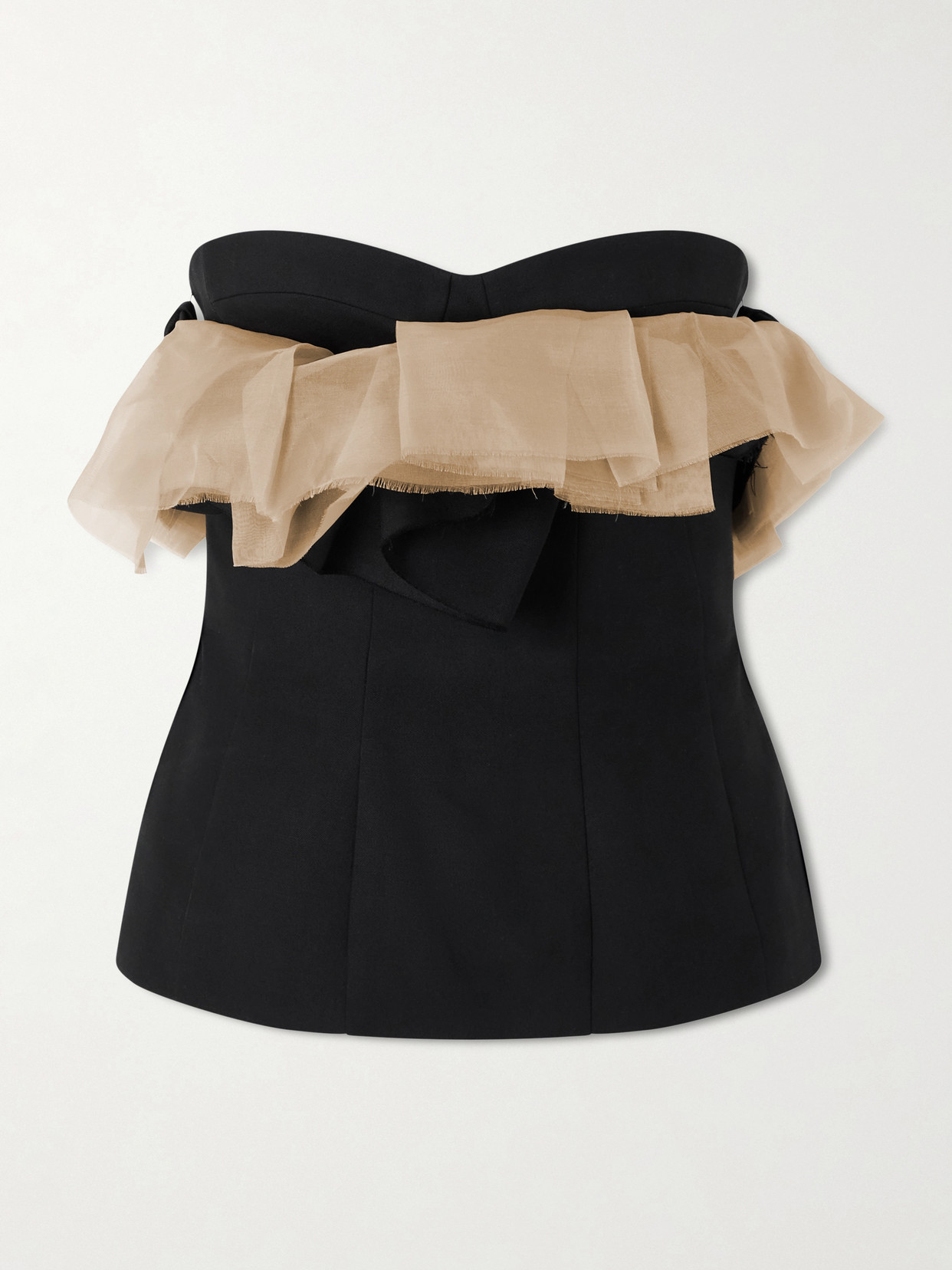 Khaite Sal Frayed Organza-trimmed Wool And Silk-blend Cady Bustier Top In Black