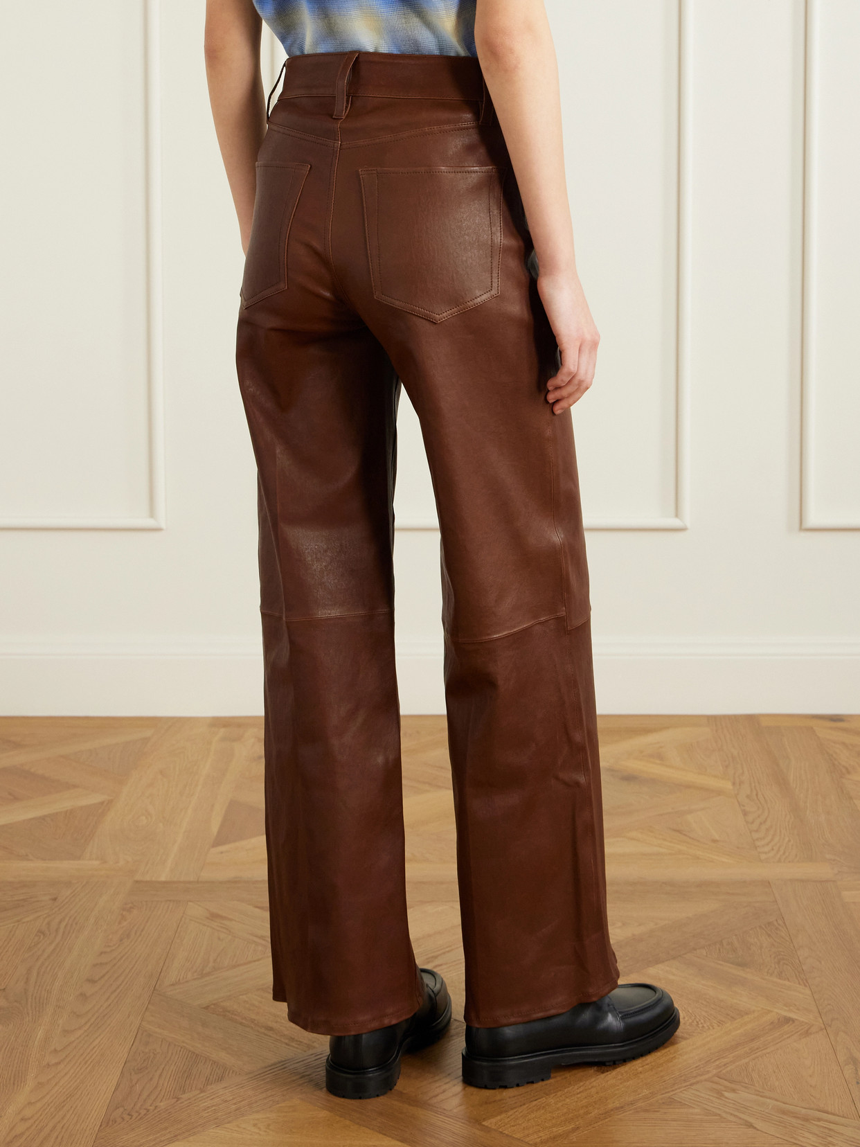 Frame Le Slim Palazzo Paneled Leather Flared Pants In Brown
