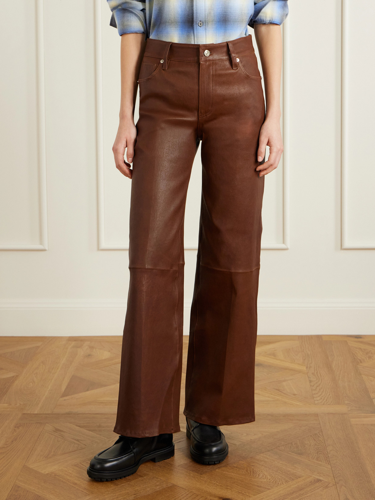 Frame Le Slim Palazzo Paneled Leather Flared Pants In Brown