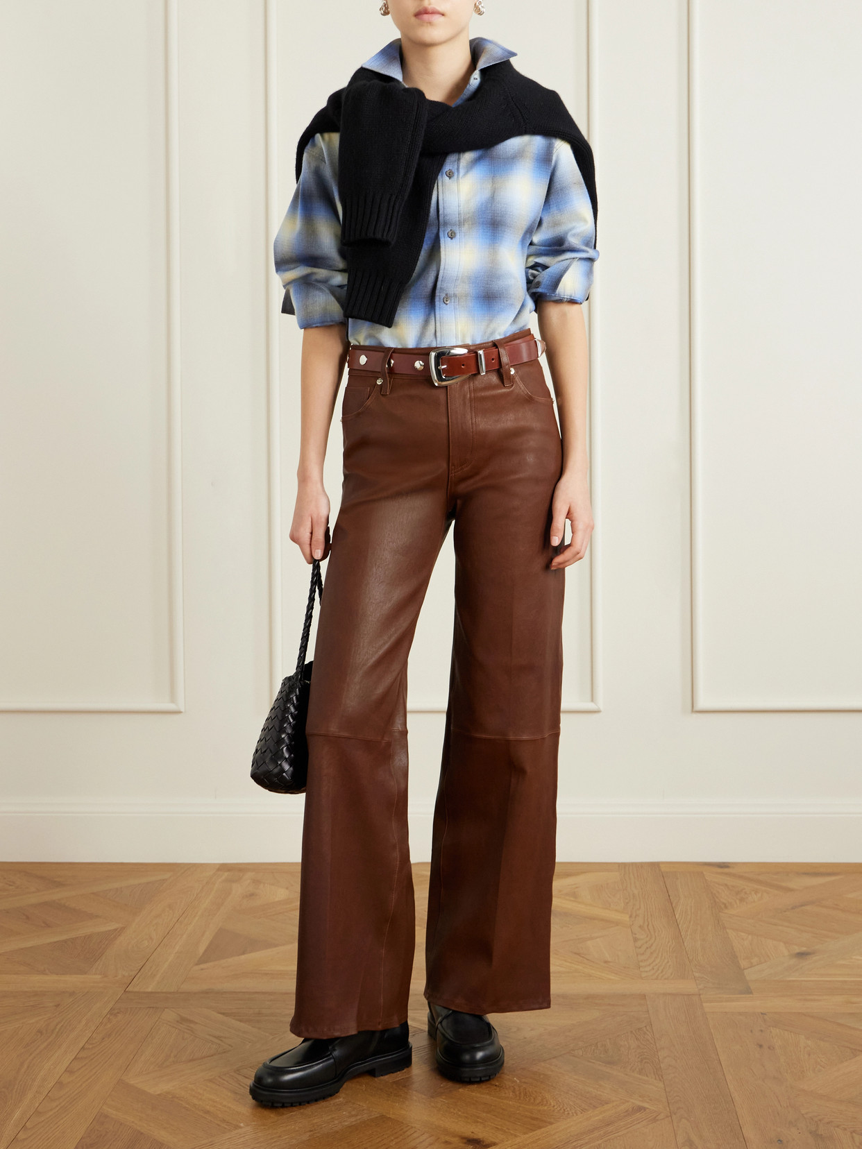Frame Le Slim Palazzo Paneled Leather Flared Pants In Brown