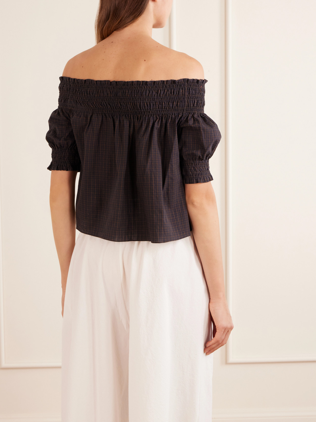Shirred Off-The-Shoulder Checked Cotton Blouse