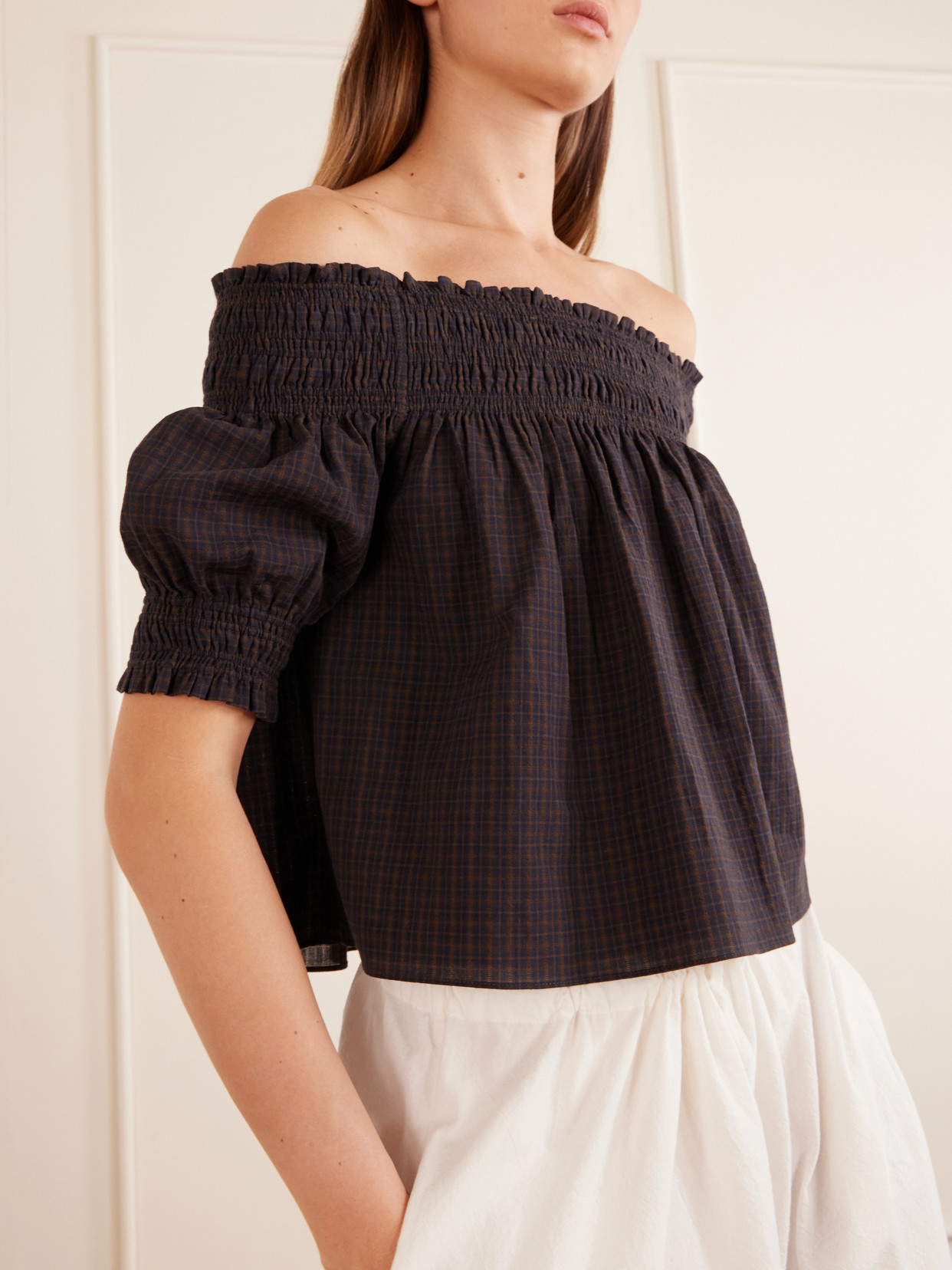 Shirred Off-The-Shoulder Checked Cotton Blouse