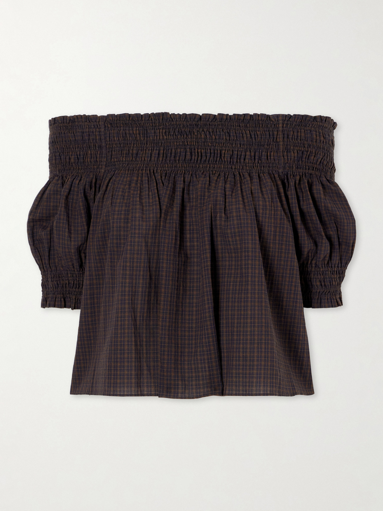 Matteau Shirred Off-the-shoulder Checked Cotton Blouse In Brown
