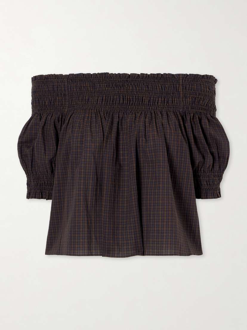 Matteau Shirred Off-the-shoulder Checked Cotton Blouse