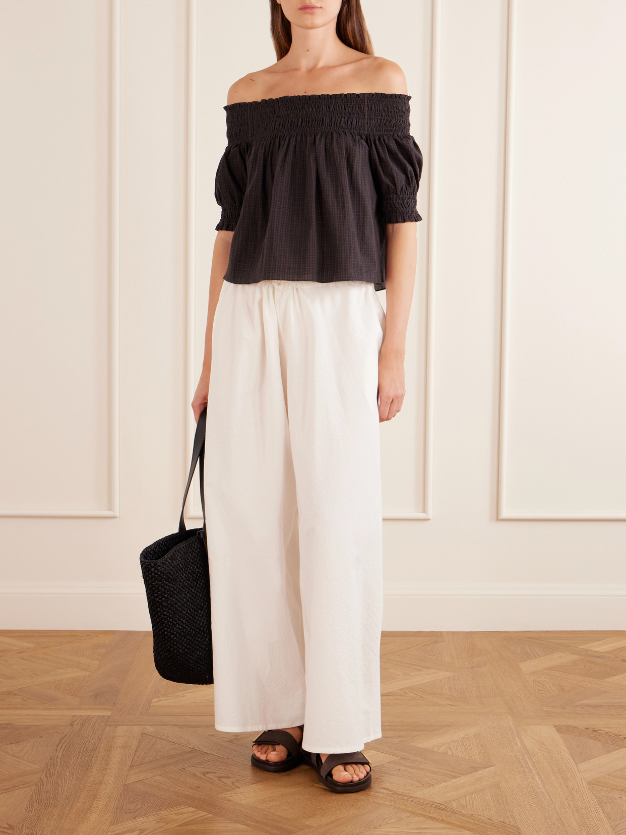 Shirred Off-The-Shoulder Checked Cotton Blouse
