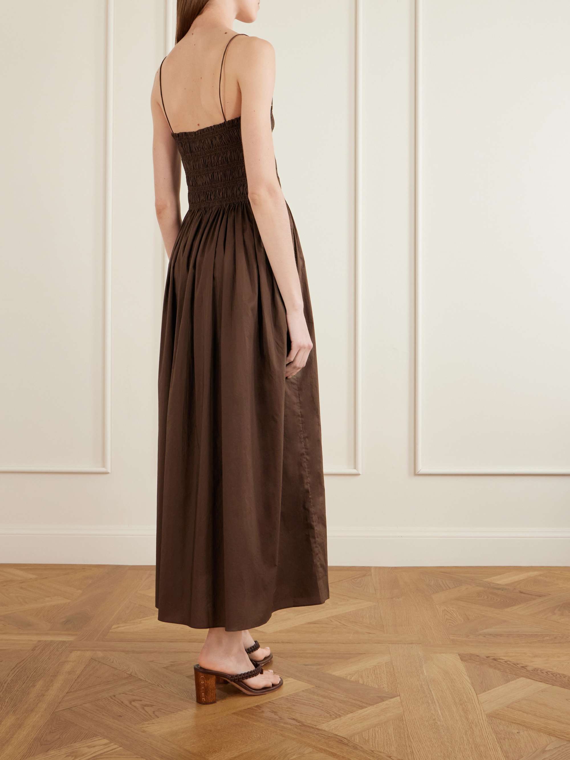 MATTEAU Shirred organic cotton and silk-blend poplin maxi dress