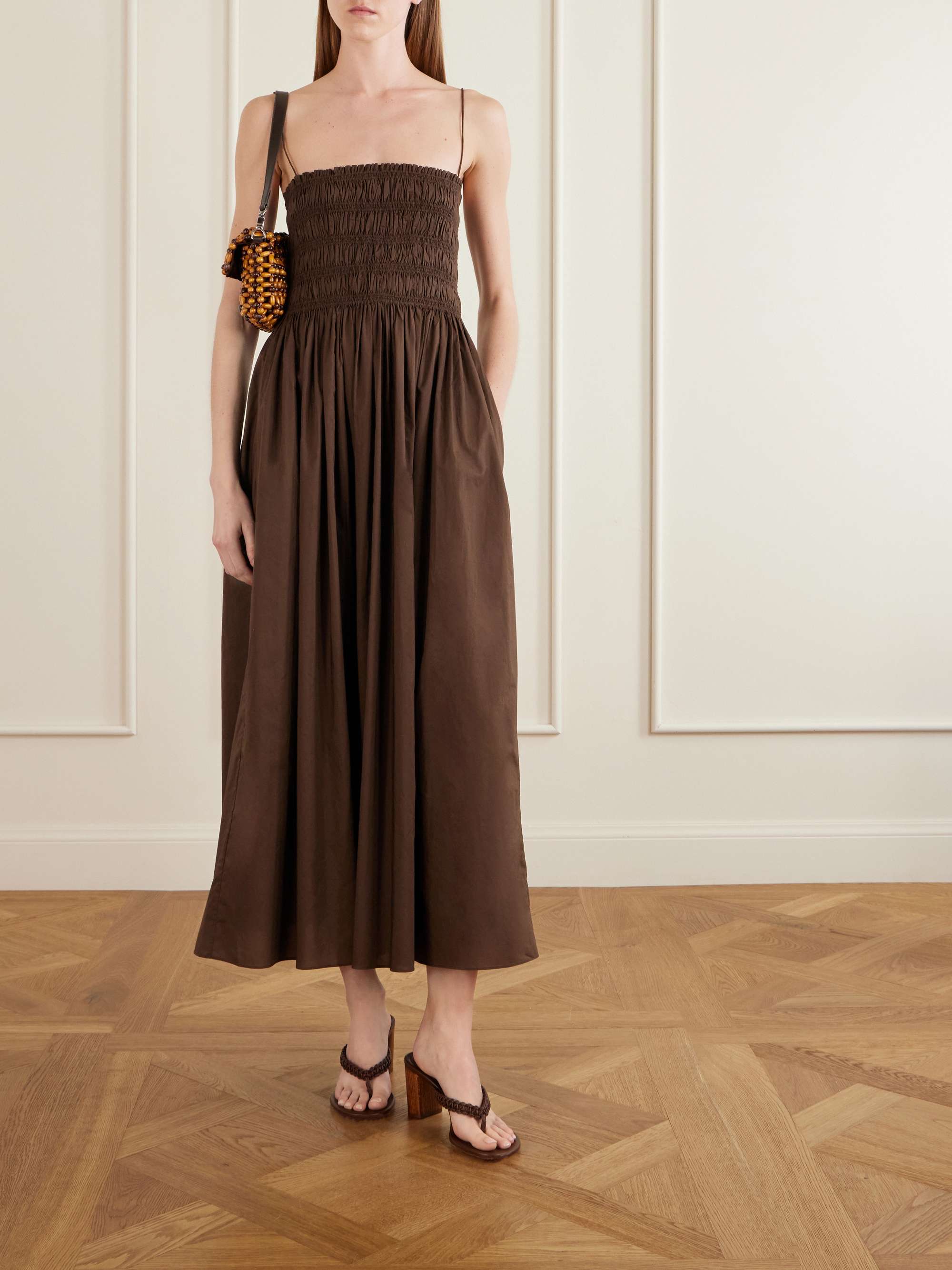 MATTEAU Shirred organic cotton and silk-blend poplin maxi dress