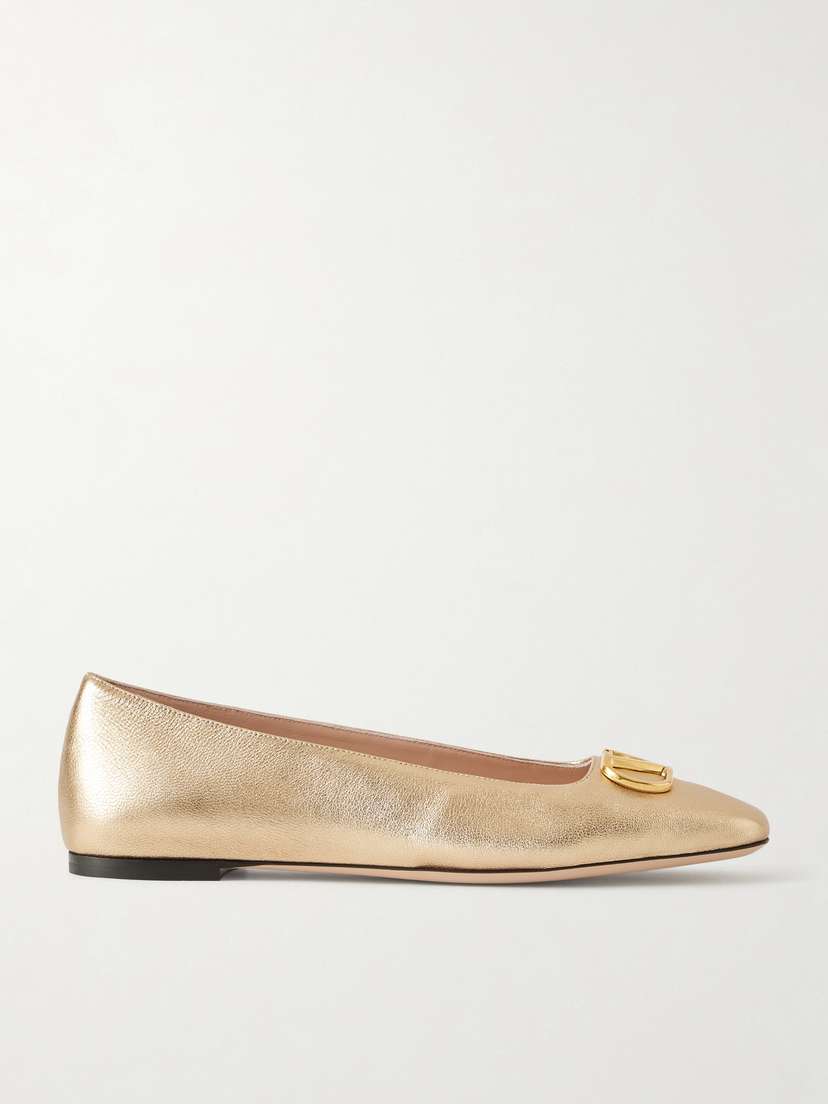 Valentino Garavani Vlogo Embellished Metallic Leather Ballet Flats