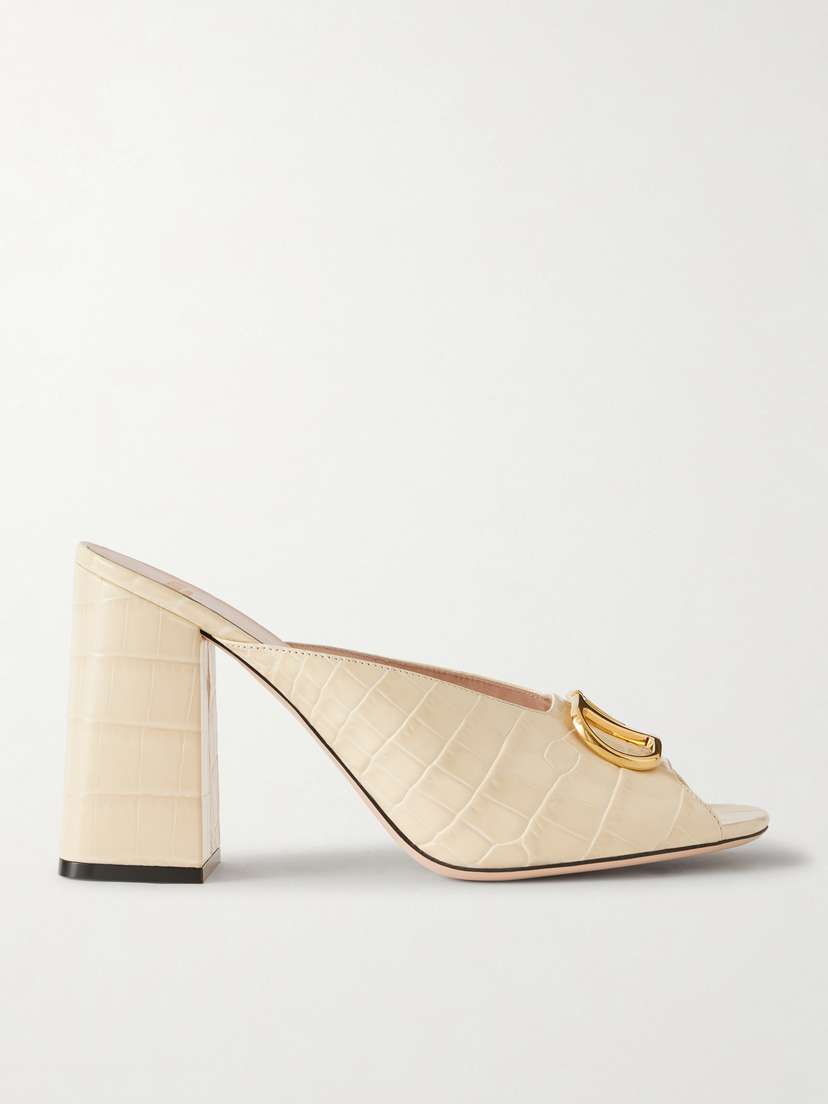 Valentino Garavani Vlogo Embellished Croc-effect Leather Mules