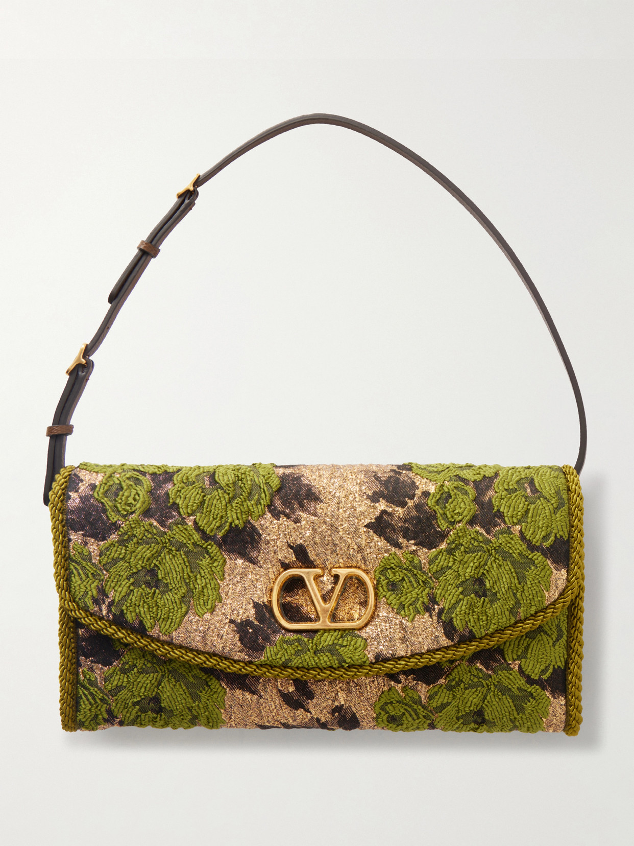 Valentino Garavani Devain Leather-trimmed Metallic Brocade Shoulder Bag In Green