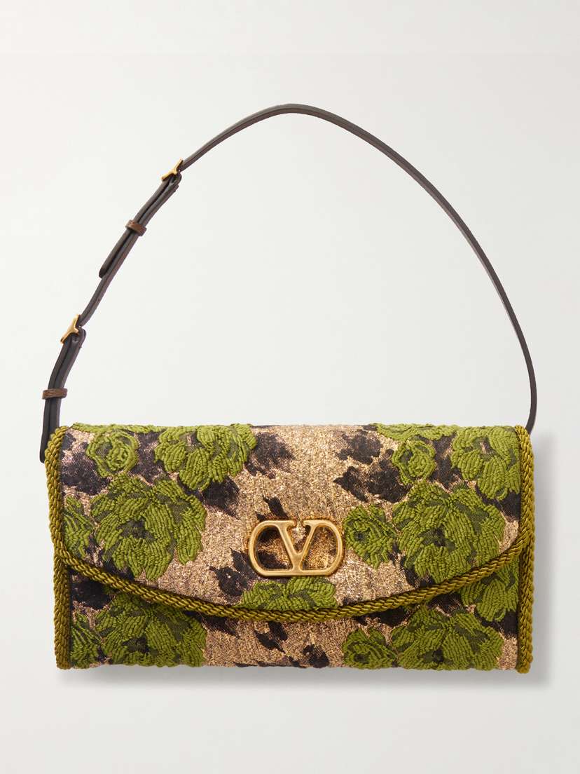 Valentino Garavani Devain Leather-trimmed Metallic Brocade Shoulder Bag