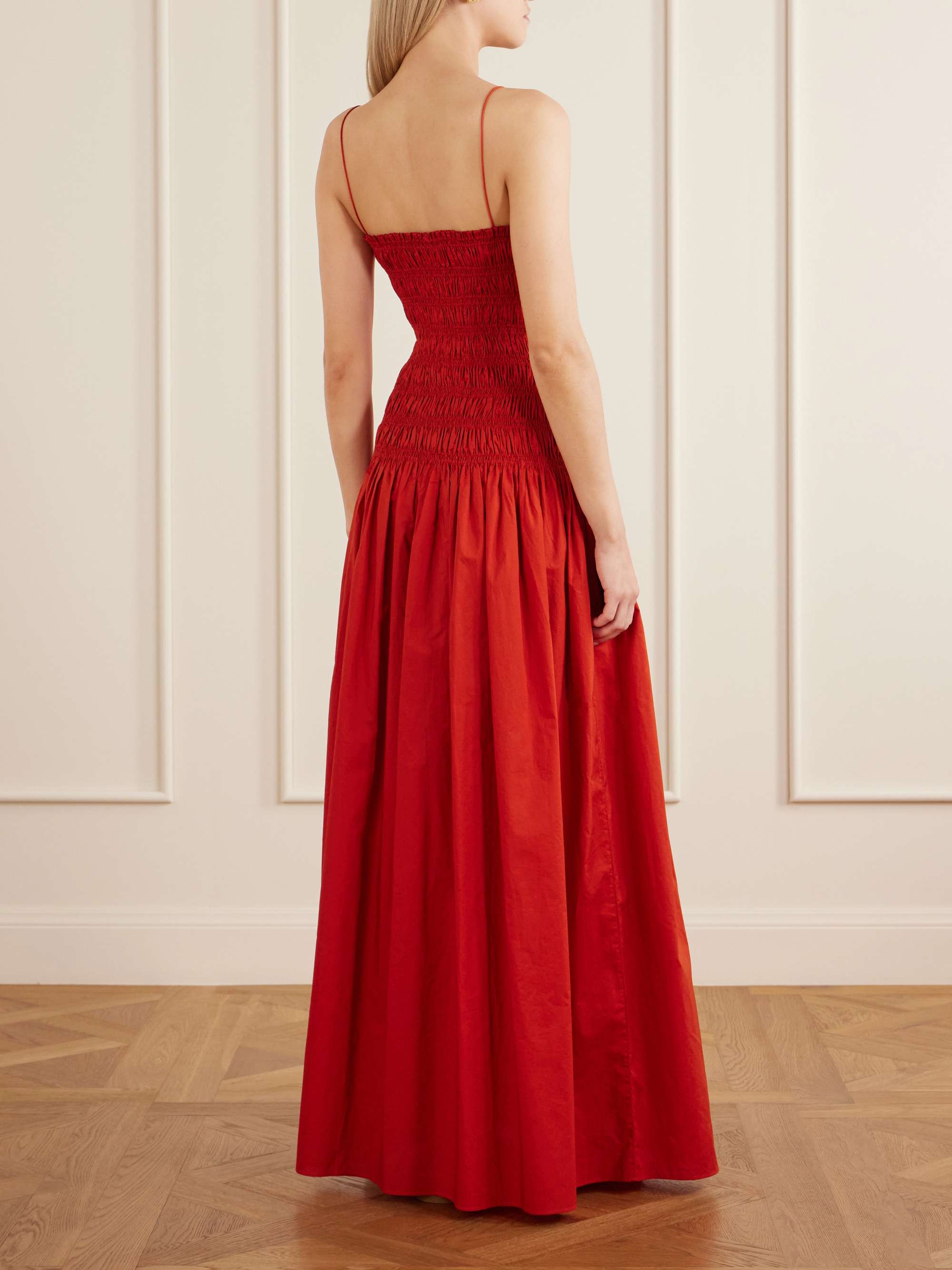MATTEAU Shirred organic cotton and silk-blend poplin maxi dress