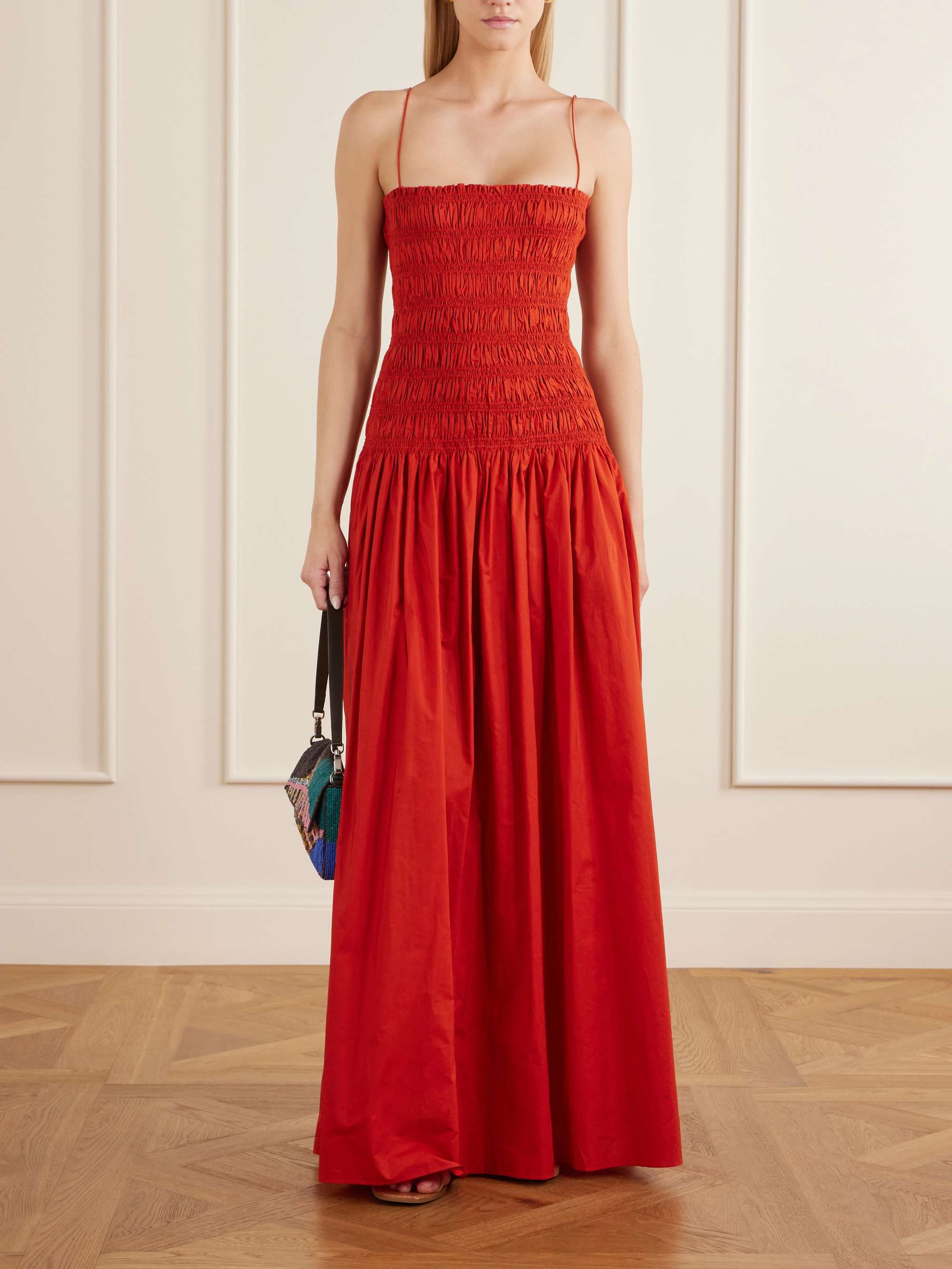 MATTEAU Shirred organic cotton and silk-blend poplin maxi dress