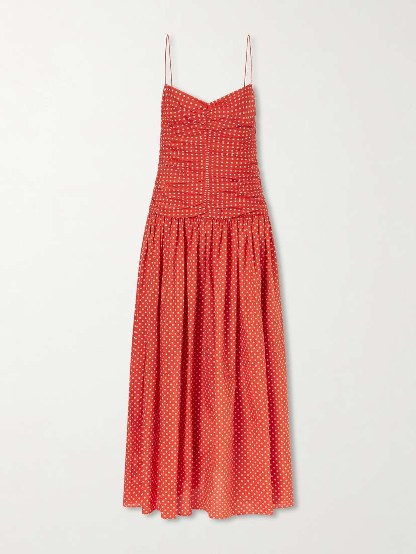 Matteau Gathered Polka-dot Organic Cotton And Silk-blend Midi Dress