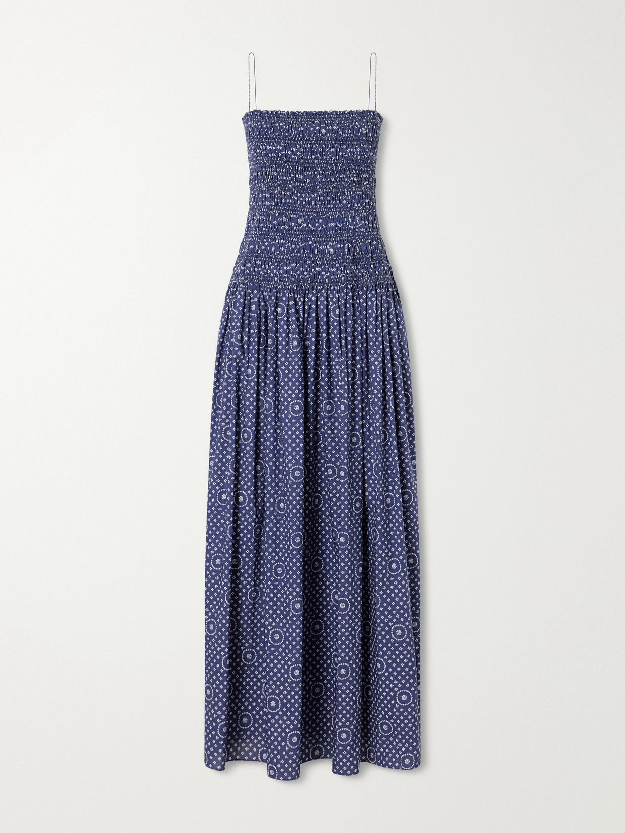 Matteau Shirred Printed Cotton Midi Dress In Blue
