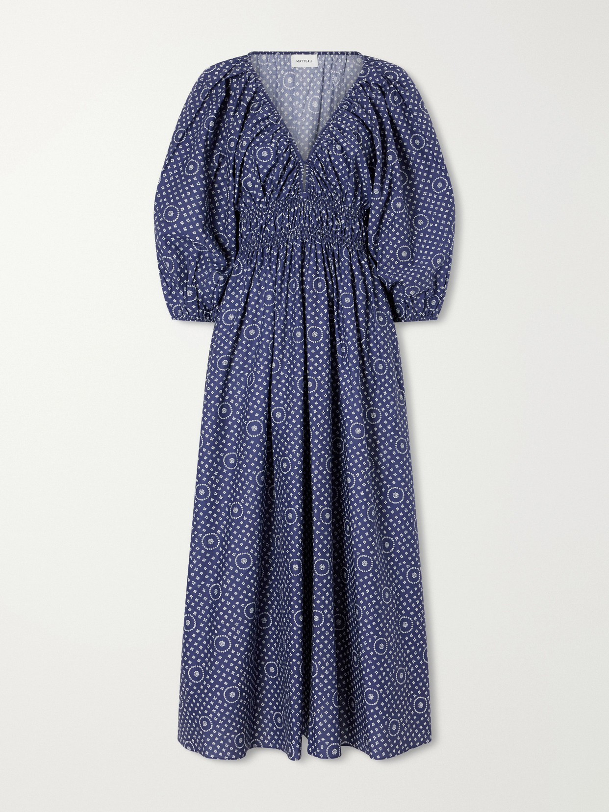 Matteau Shirred Paisley-print Organic Cotton Midi Dress In Blue
