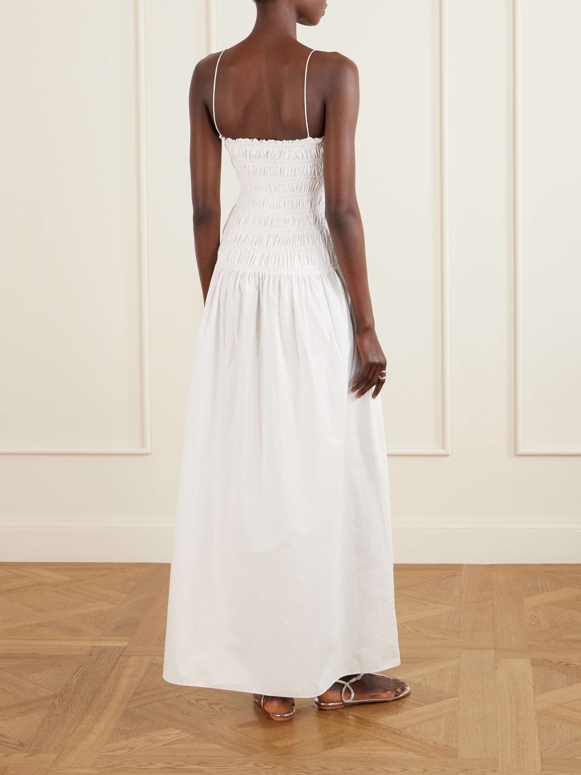 MATTEAU Shirred organic cotton and silk-blend poplin maxi dress