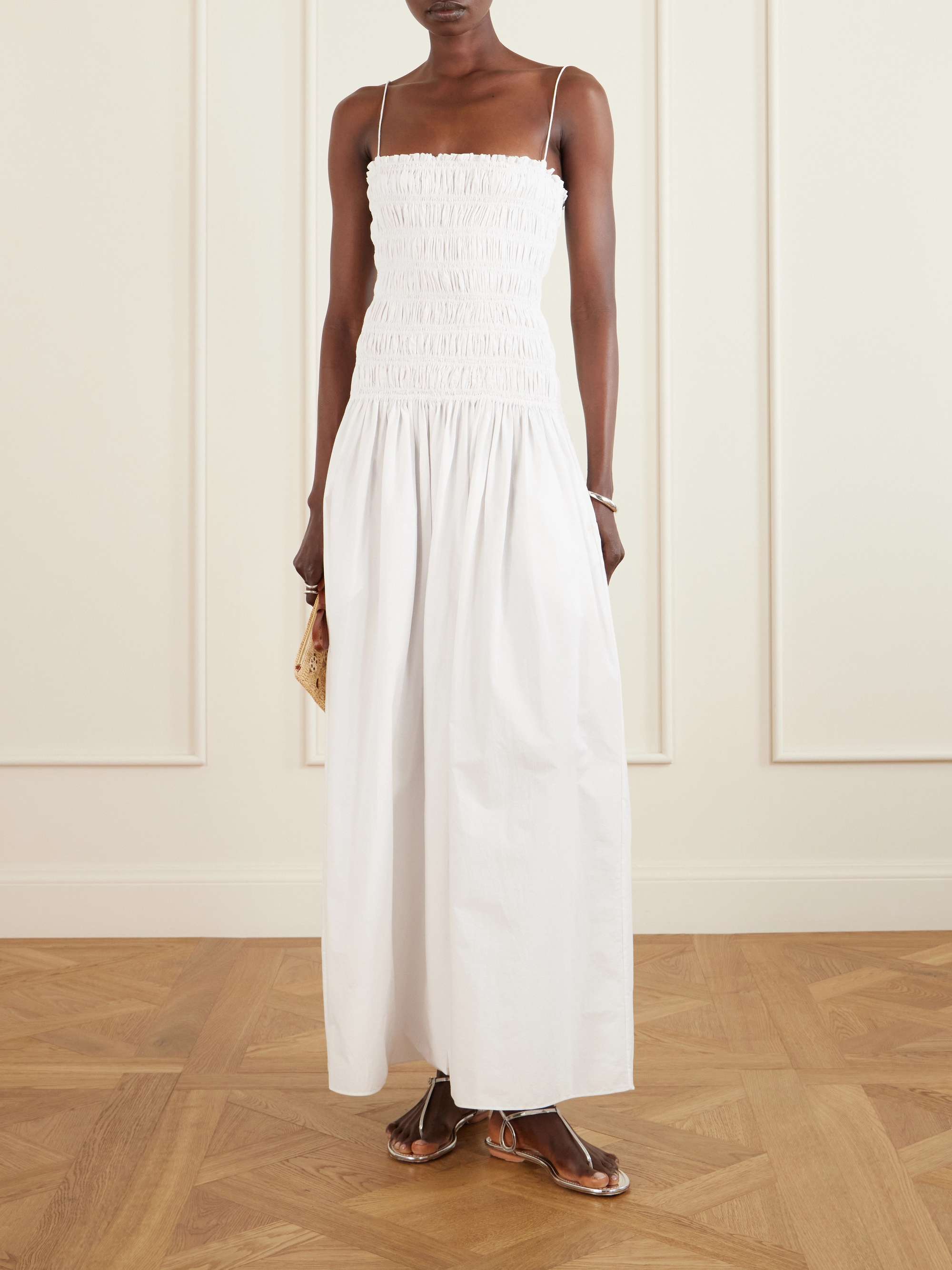 MATTEAU Shirred organic cotton and silk-blend poplin maxi dress