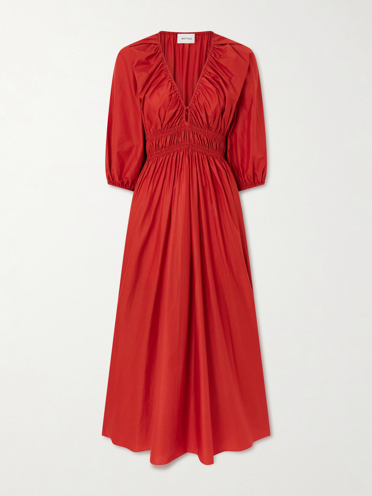 Matteau Shirred Organic Cotton-poplin Maxi Dress In Red